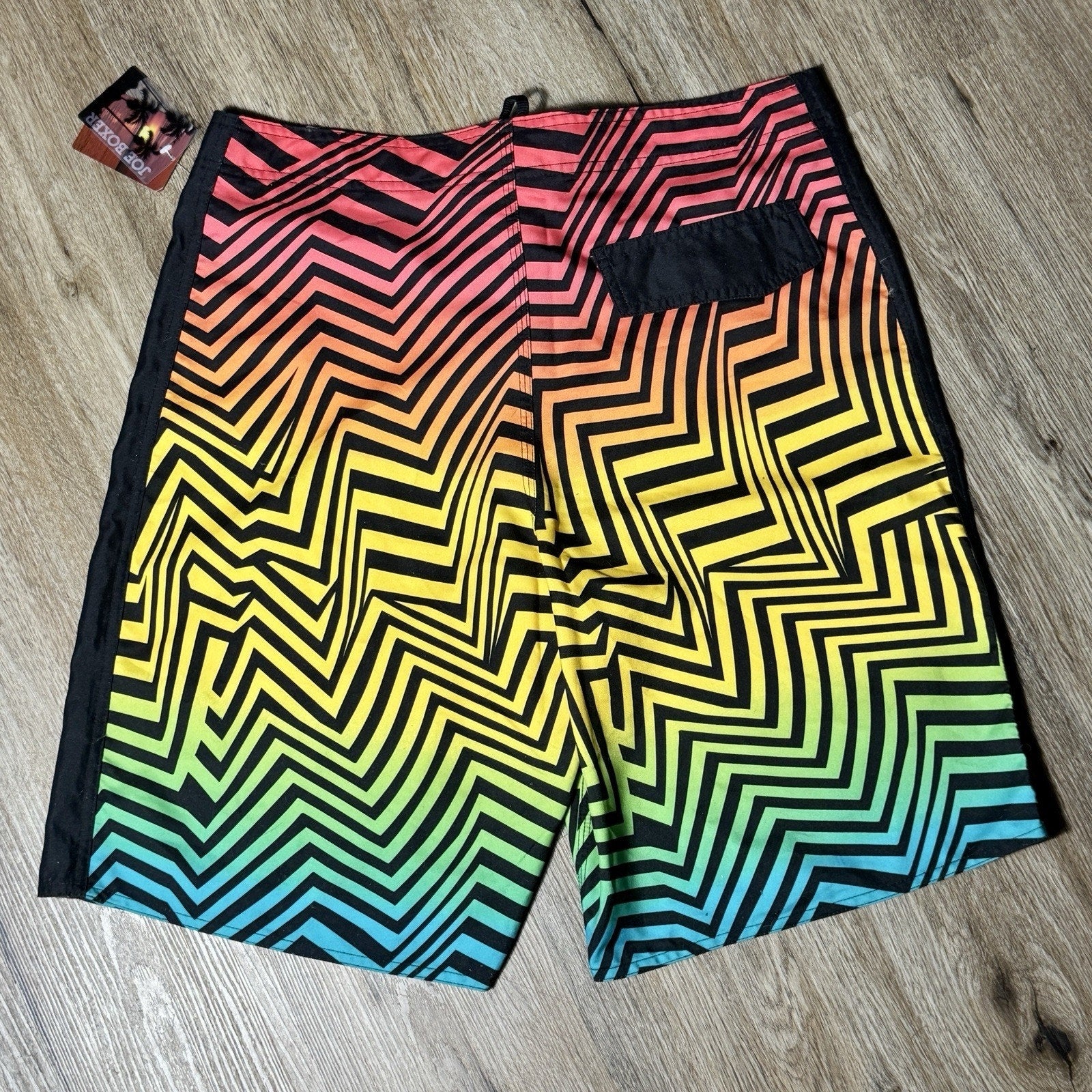 VTG Joe Boxer Men 32 Board Shorts Rainbow ZigZag Neon Swim Trunks Deadstock Y2K
