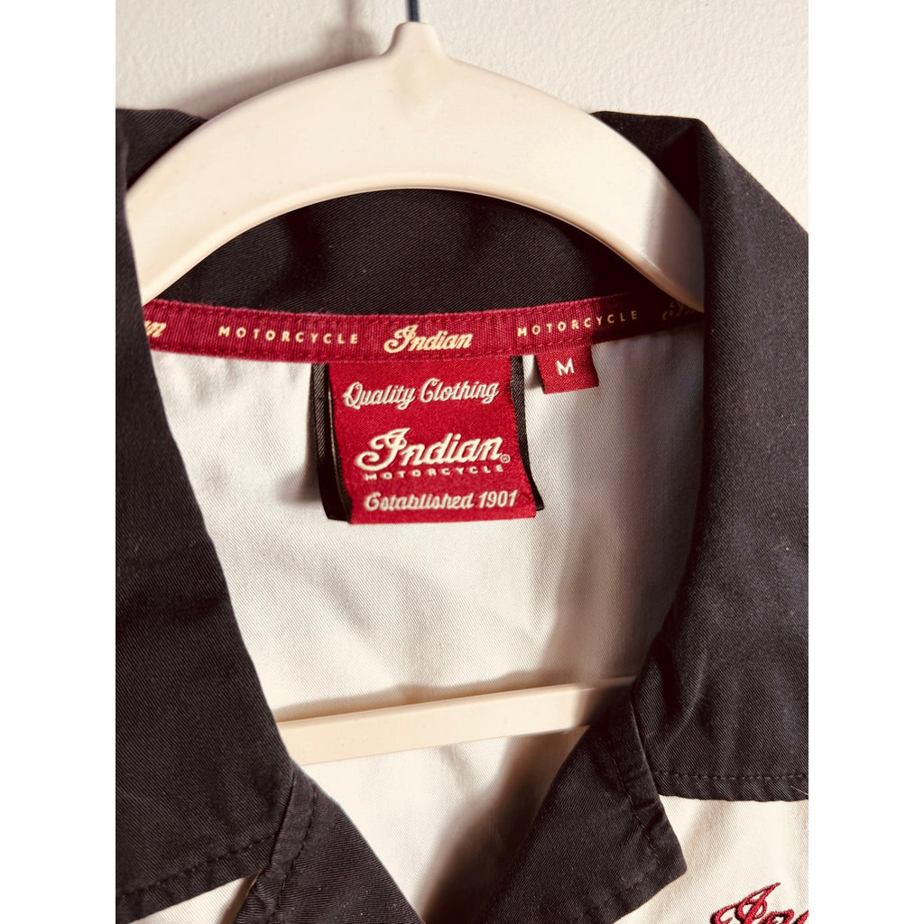 Indian Motorcycle Women’s Medium Button Up Garage Shop Shirt Black Red Biker