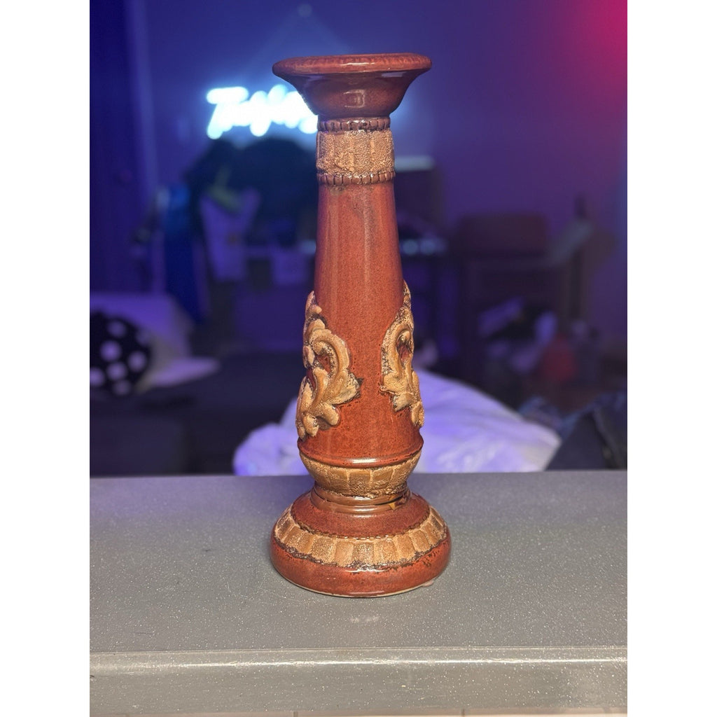 15” Tuscan Style Ceramic Pillar Candle Holder Brown Gold Fleur‑De‑Lis Vtg Home