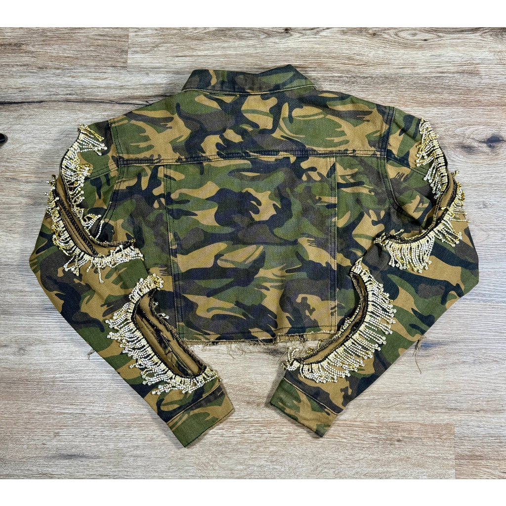 Azalea Wang Camo Rhinestone Fringe Cold Shoulder Cropped Trucker Jacket Small S