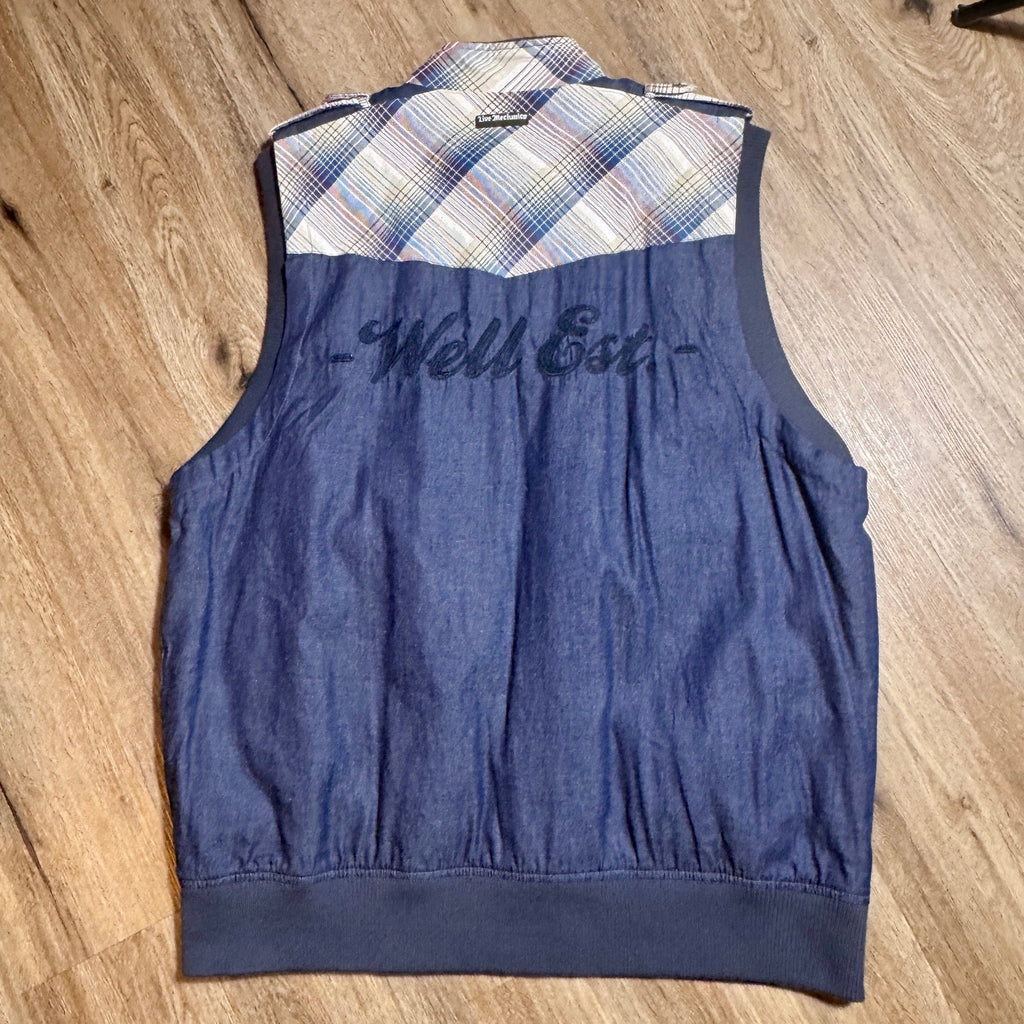 Live Mechanics Plaid Chambray Full Zip Vest 3XL Y2K Motorcycle Biker Denim Vest