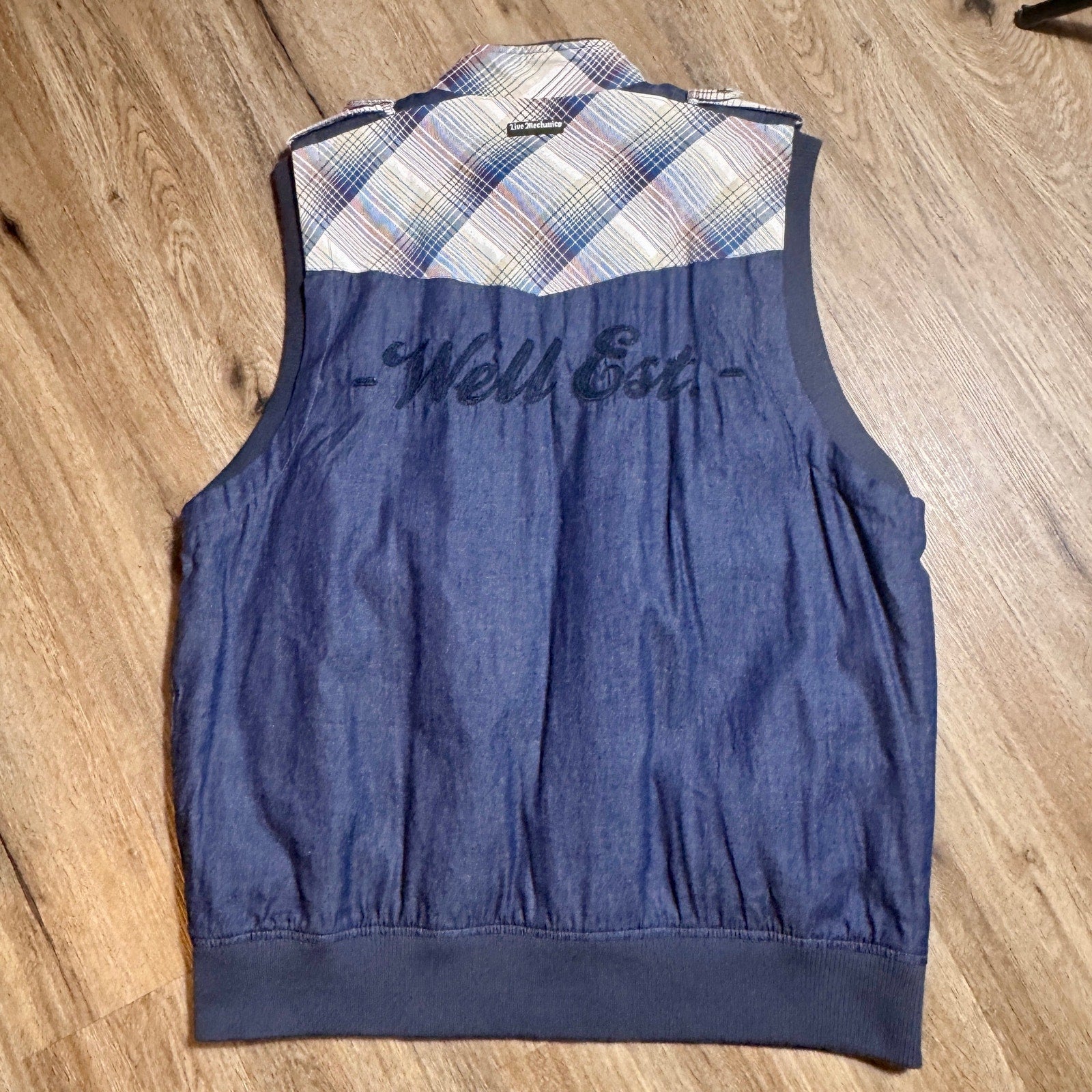 Live Mechanics Plaid Chambray Full Zip Vest 3XL Y2K Motorcycle Biker Denim Vest