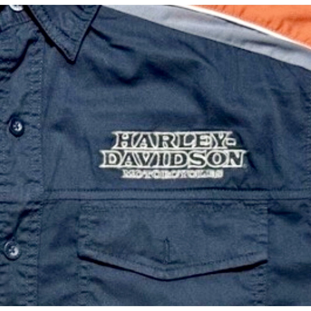 Harley-Davidson Performance Flame Work Shirt Button Up Black Orange Men’s Large
