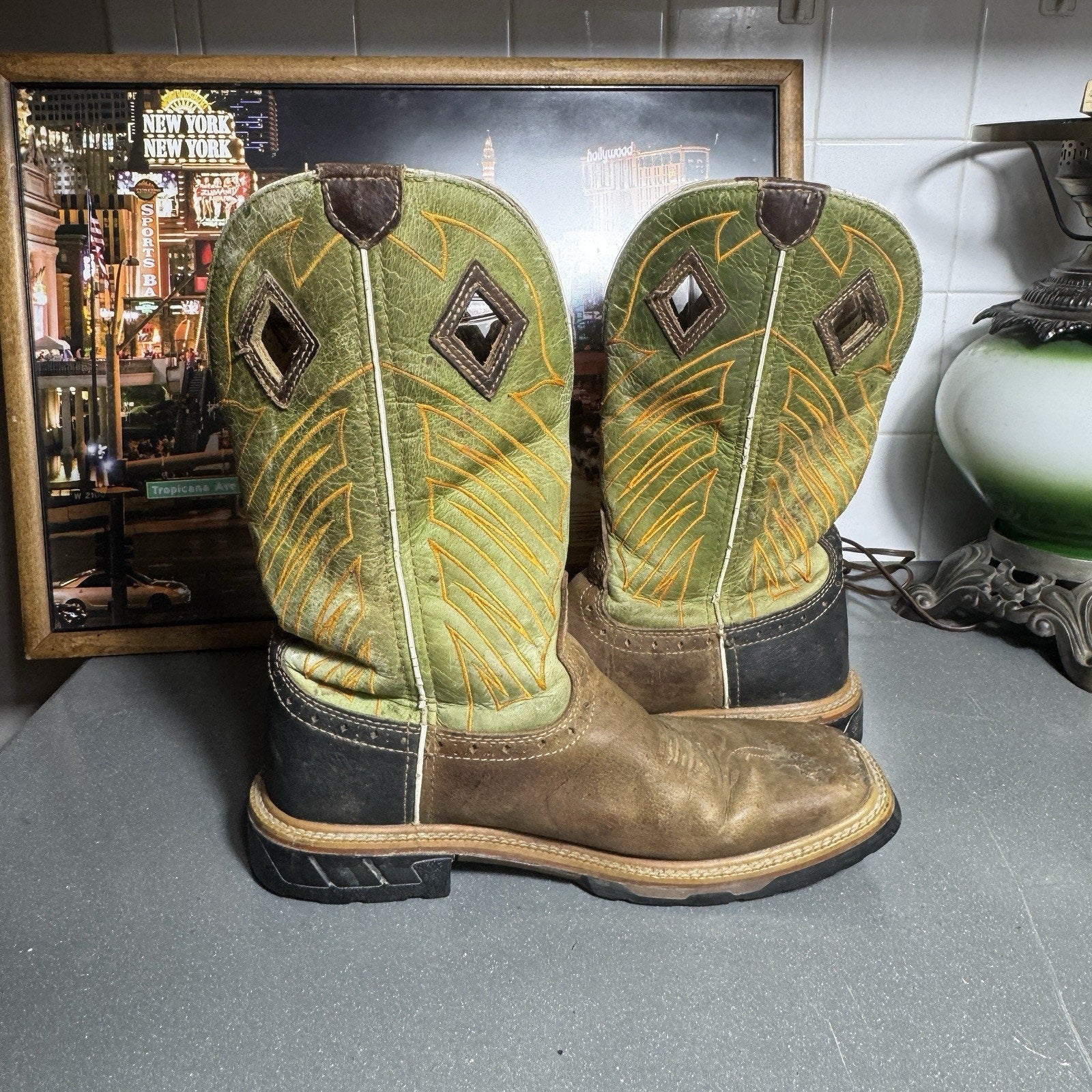 Justin Hybred WK4970 Green Grass Square Toe Wellington EH Work Boots Men’s 8.5D