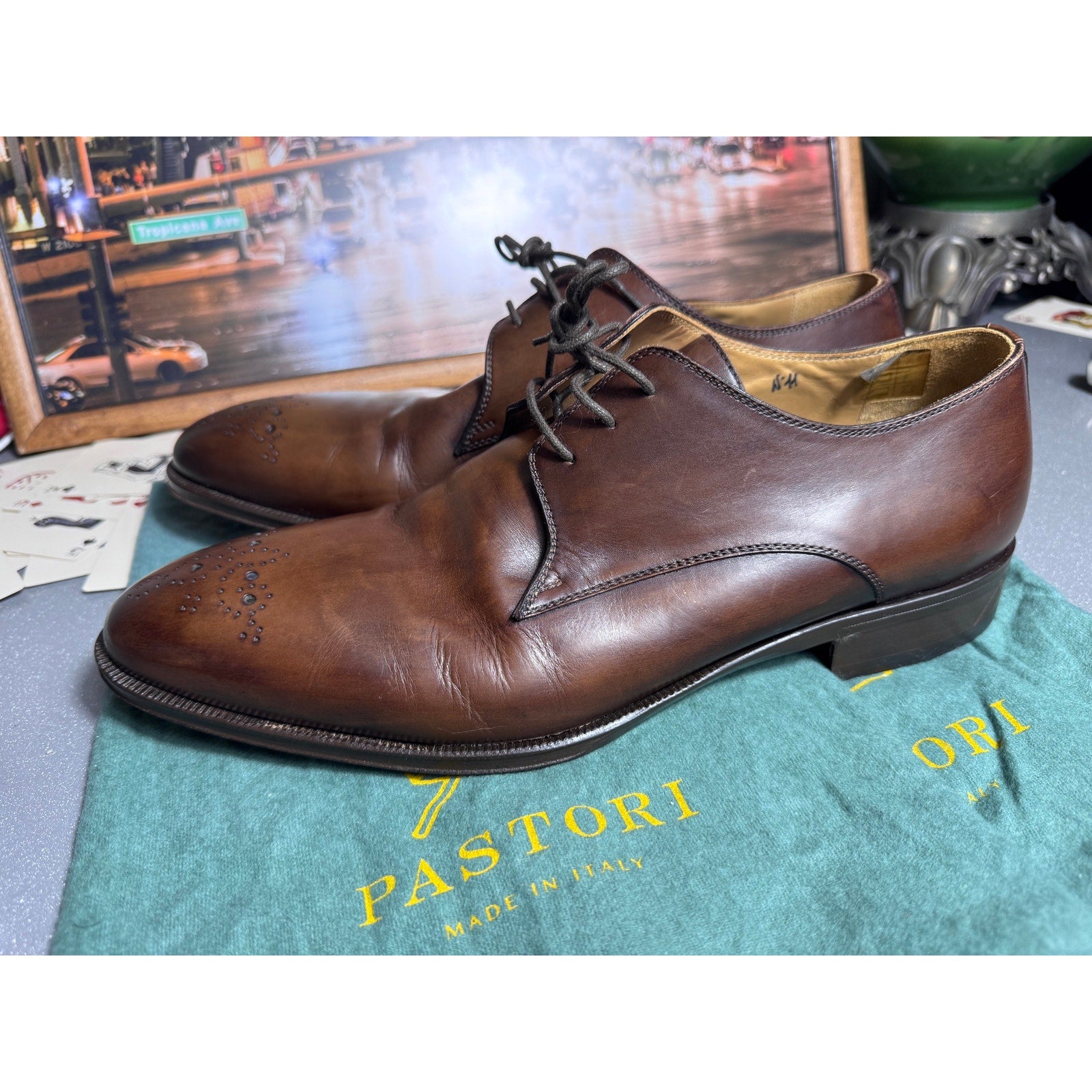 Pastori Handmade Italian Brown Leather Medallion Derby Dress Shoes EU 44 US 11