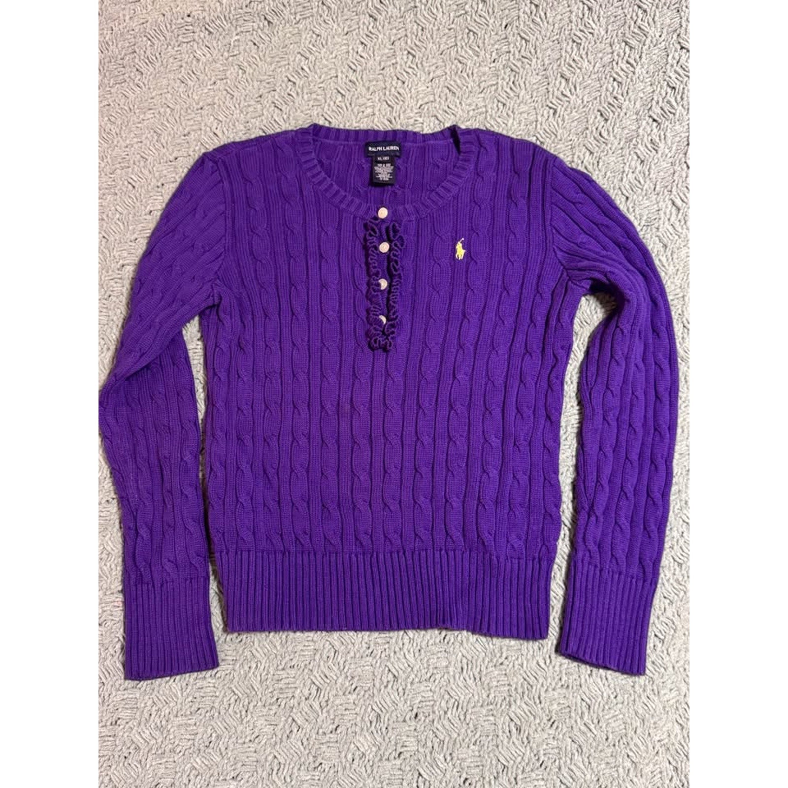 Vtg Polo Ralph Lauren Cable Knit Sweater Purple Yellow Pony Women XL 16