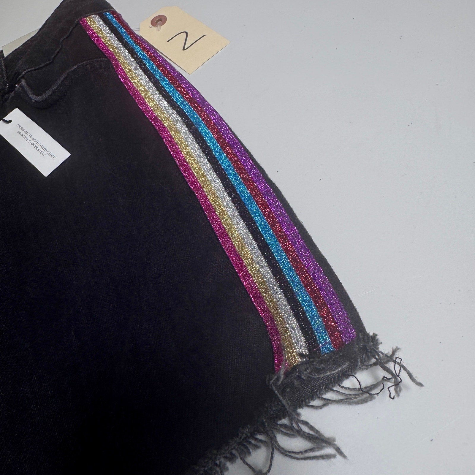 NWT Topshop Moto Black Denim Mini Skirt Rainbow Glitter Stripe Raw Hem Size 2