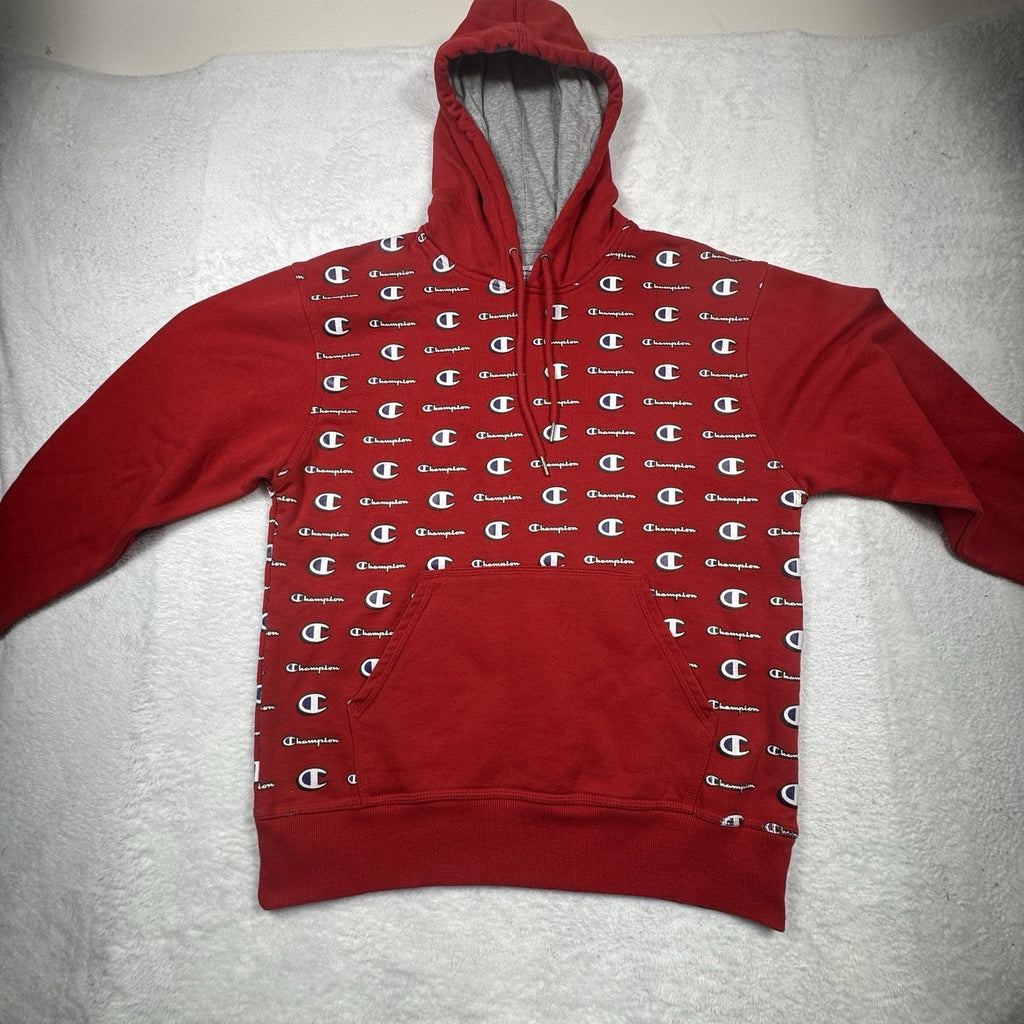Champion All Over Logo Print Hoodie Mens M Red Pullover Sweatshirt Spell Out AOP