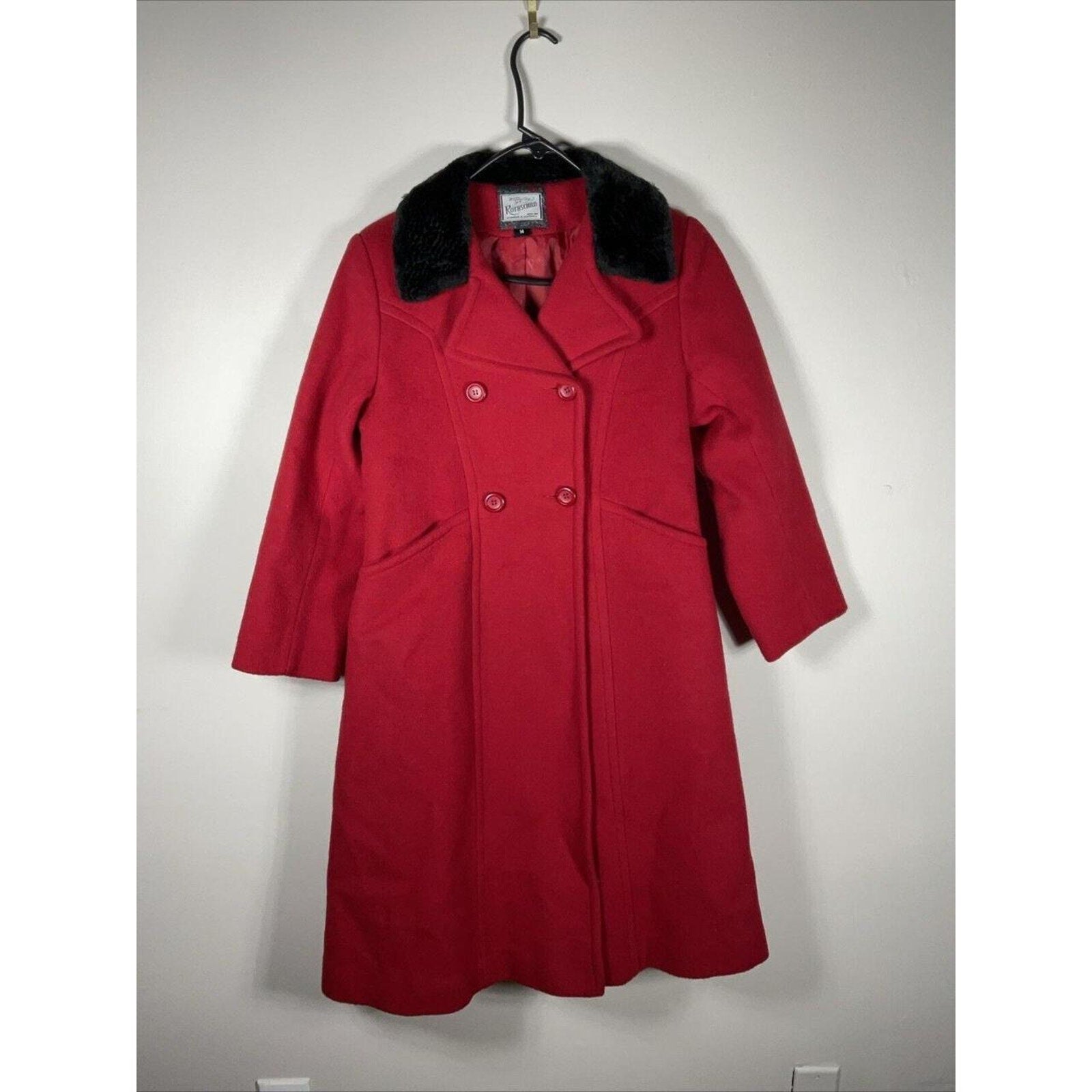 Vintage Rothschild Red Wool Peacoat Women’s Size 14 Faux Fur Collar 90s