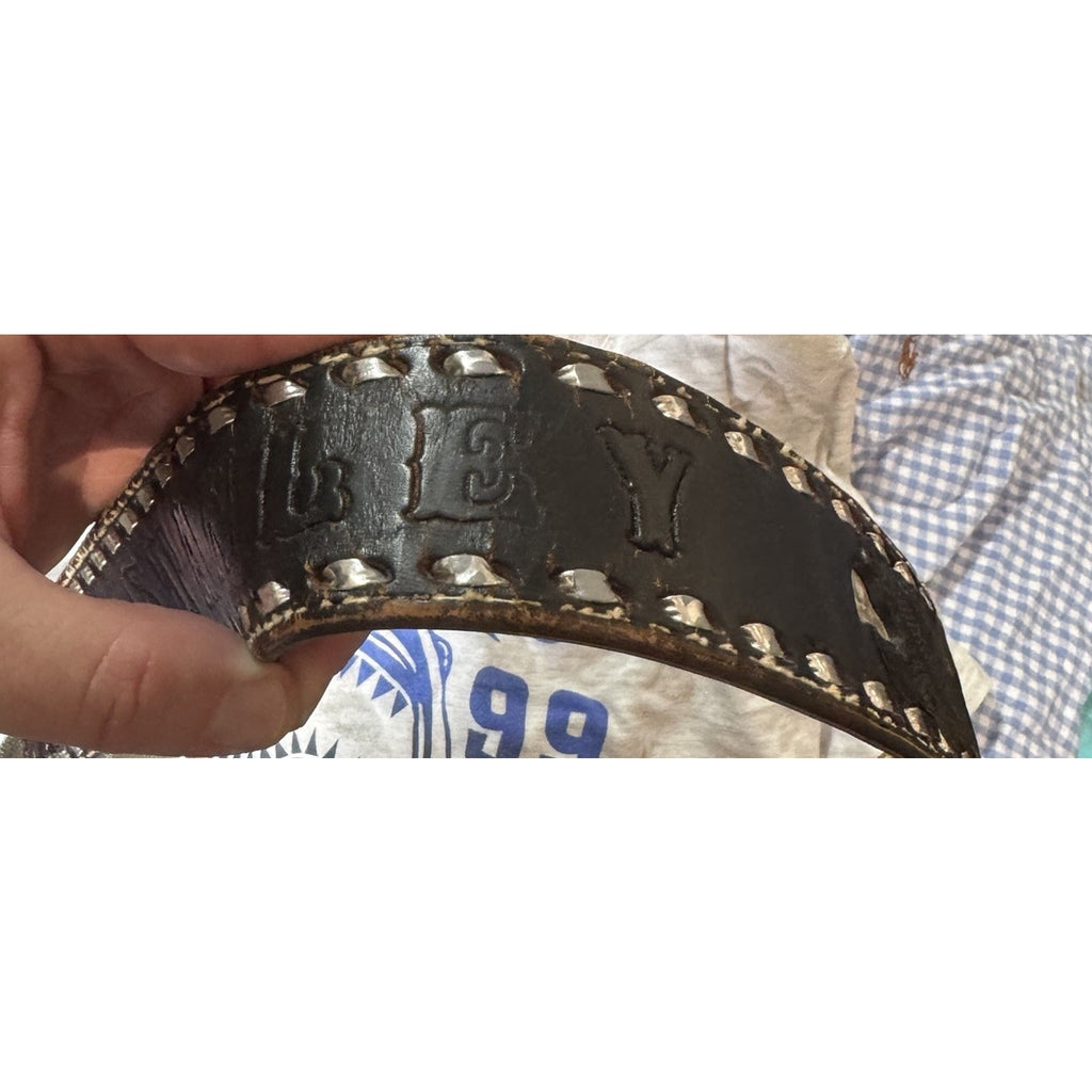Vtg 70-80s Western Tooled Leather Belt Buckle 32 Buckstitch Pearl Inlay USA Made