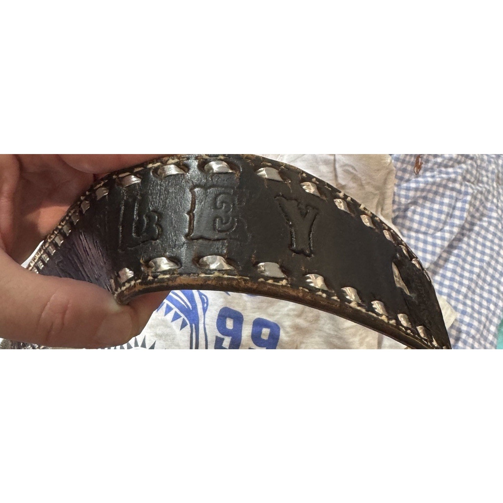 Vtg 70-80s Western Tooled Leather Belt Buckle 32 Buckstitch Pearl Inlay USA Made