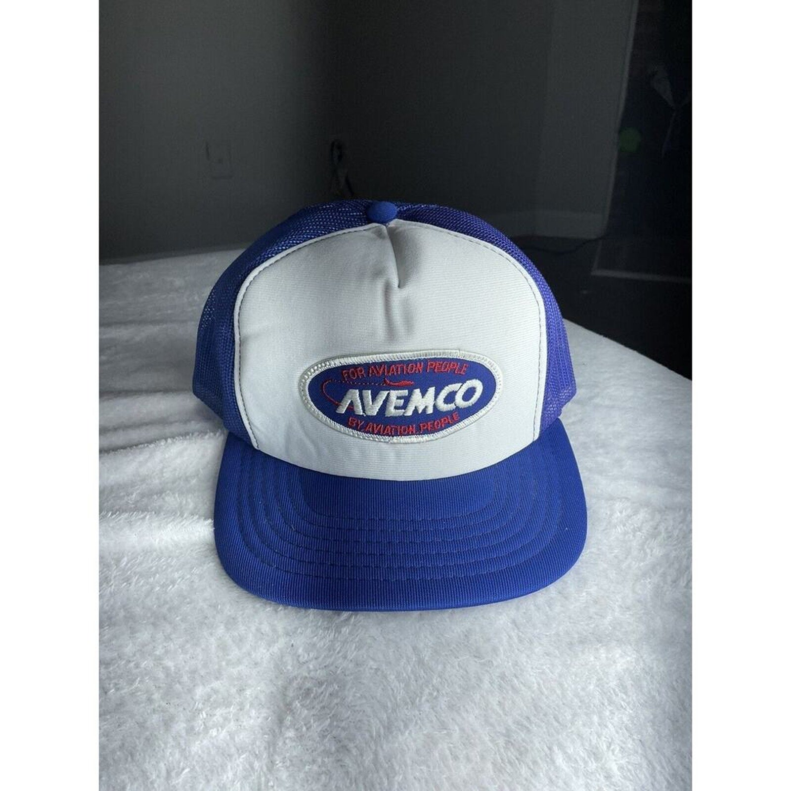 Vintage‎ AVEMCO For Aviation People Blue Mesh Back Adjustable Trucker Hat Sz M-L