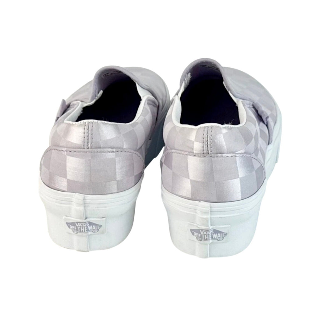 Vans Classic Slip-On Stackform Checkerboard Satin Lilac Purple Platform Shoes W7