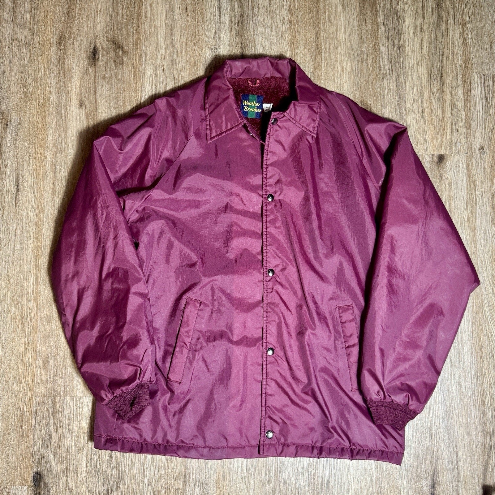 Vtg Weather Breaker Sherpa Lined Coach Jacket USA Burgundy Nylon Men’s L Tall