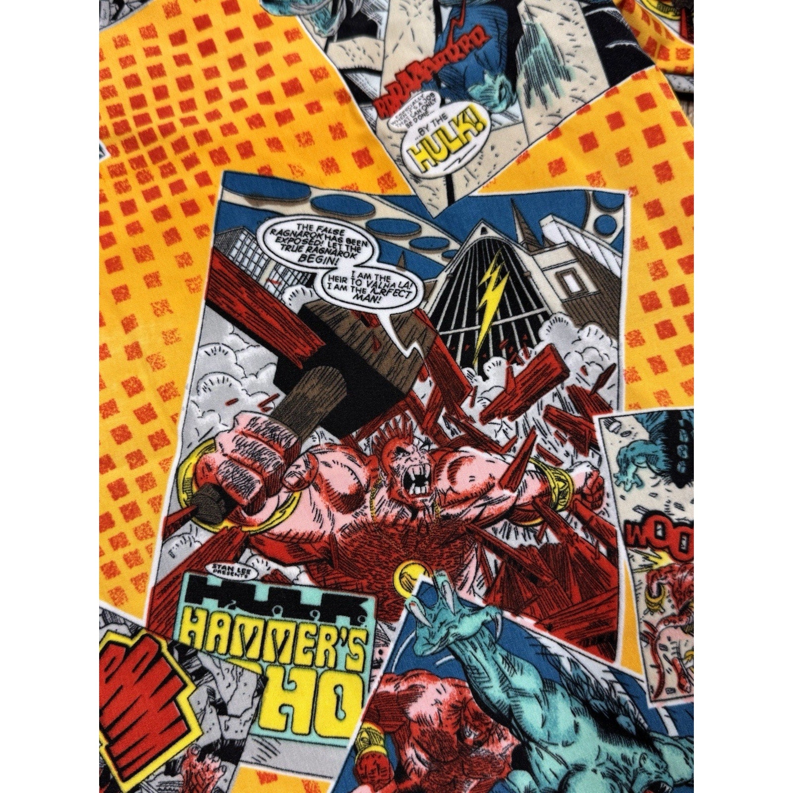 Vtg KAD Comic Book All Over Print Button Up Shirt Marvel Style XL Thor Hulk Y2K
