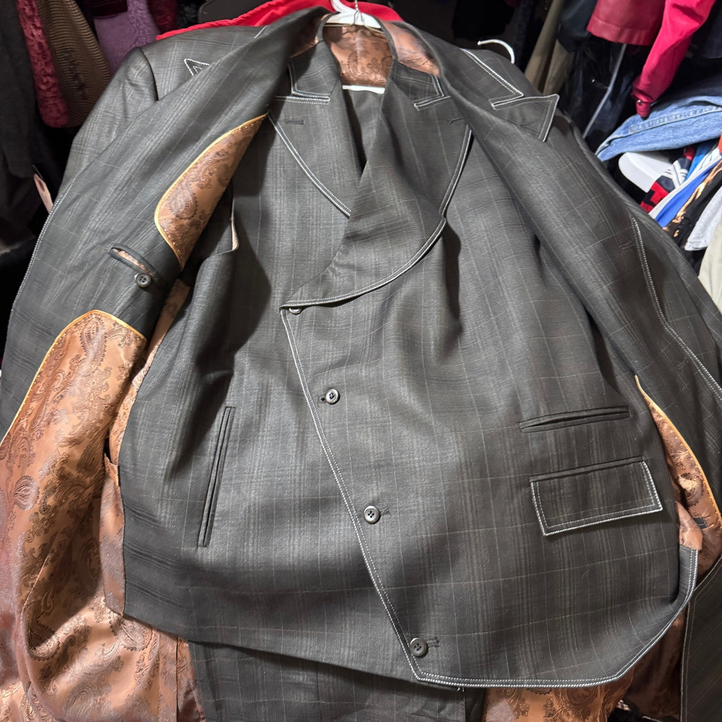 Pino Baldini 3 Pc Suit 48L 43W Charcoal Gray Windowpane Plaid Super 120s