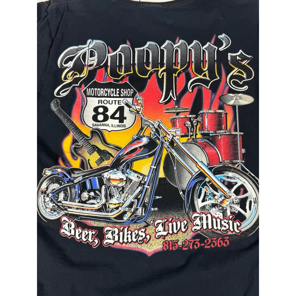 Poppy’s Motorcycle Shop Route 84 Savanna Illinois Biker Graphic T-Shirt Mens Medium