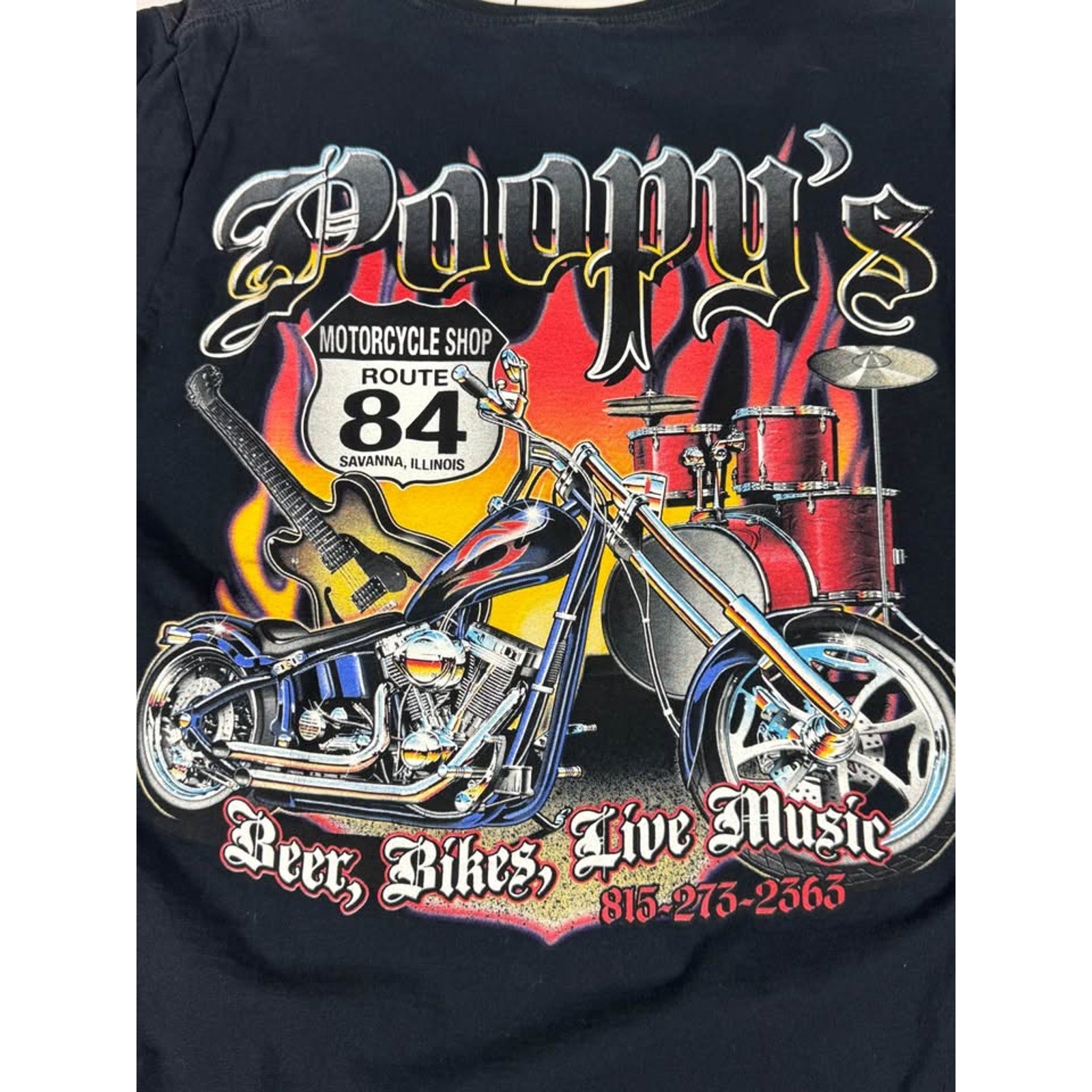 Poppy’s Motorcycle Shop Route 84 Savanna Illinois Biker Graphic T-Shirt Mens Medium