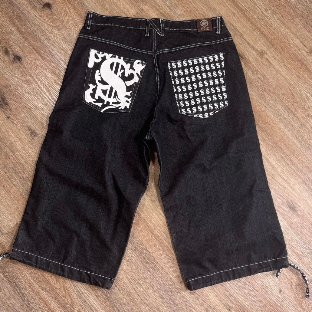 Noiz Jeans Denim Jorts Shorts Men’s 34 Black Y2K Skater Hip Hop Baggy Logo Money