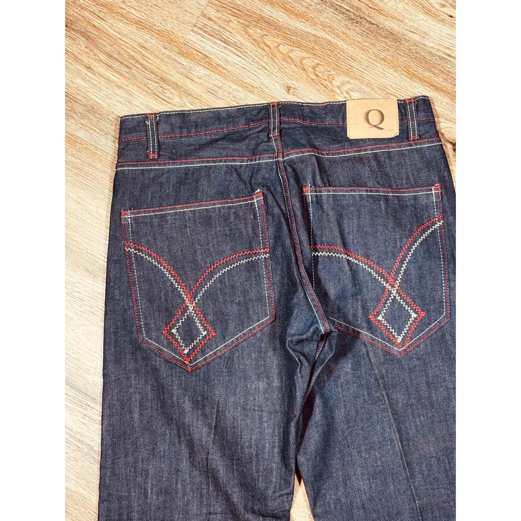 Q by Qruel Y2K Dark Wash Designer Jeans Contrast Stitch Straight Leg Men’s 36x33