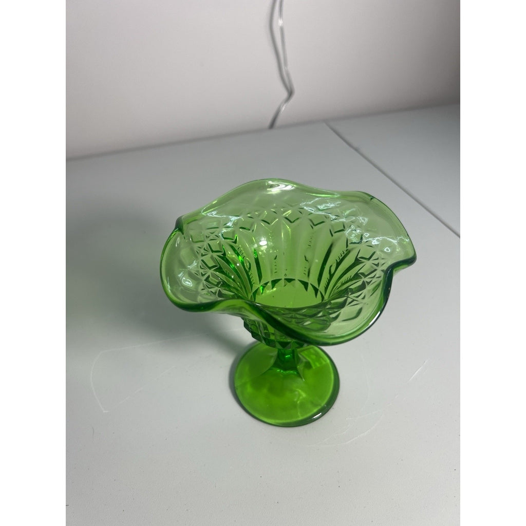 Kanawha Glass Green Uranium Pedestal Compote Candy Dish Glows Vintage 5.5"