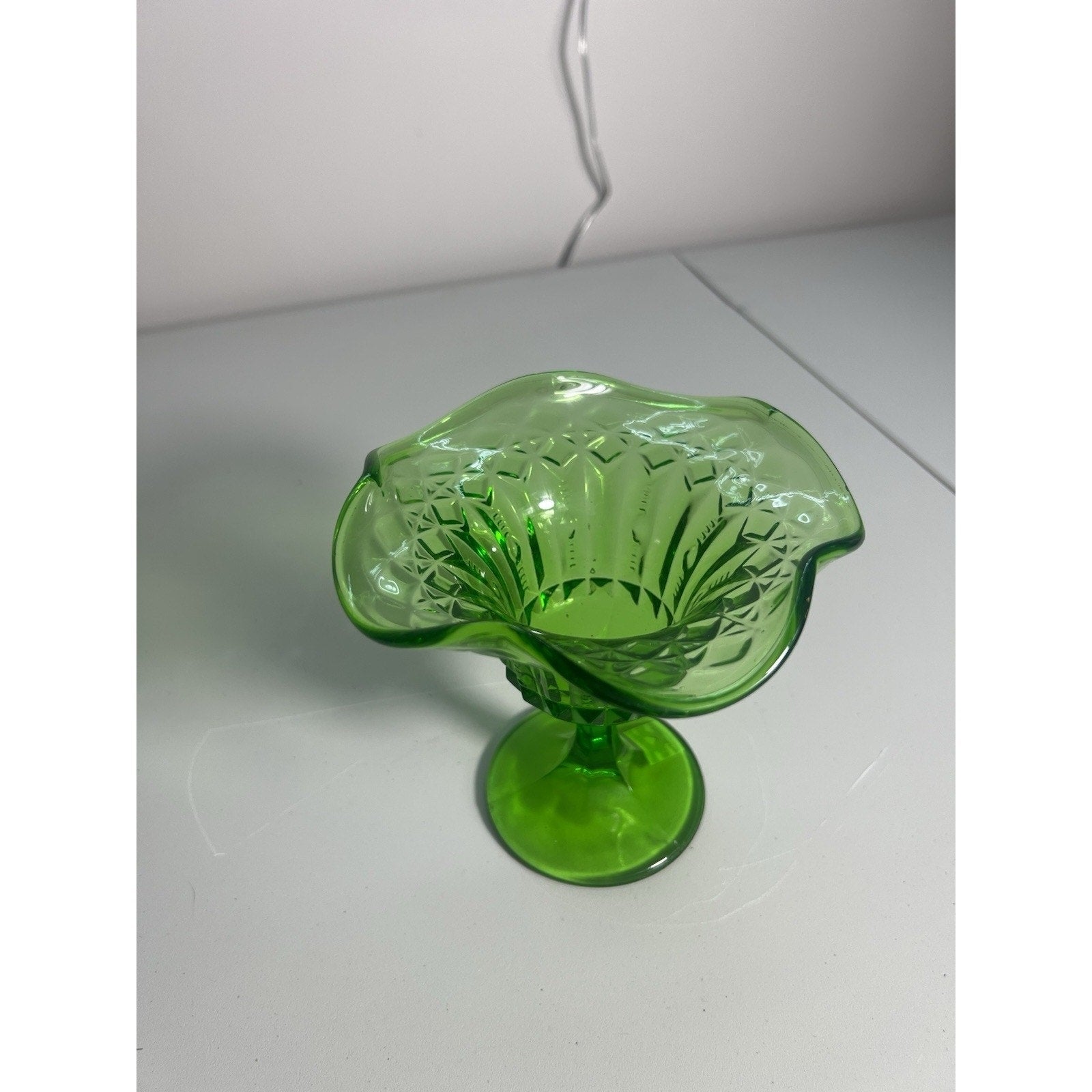 Kanawha Glass Green Uranium Pedestal Compote Candy Dish Glows Vintage 5.5"