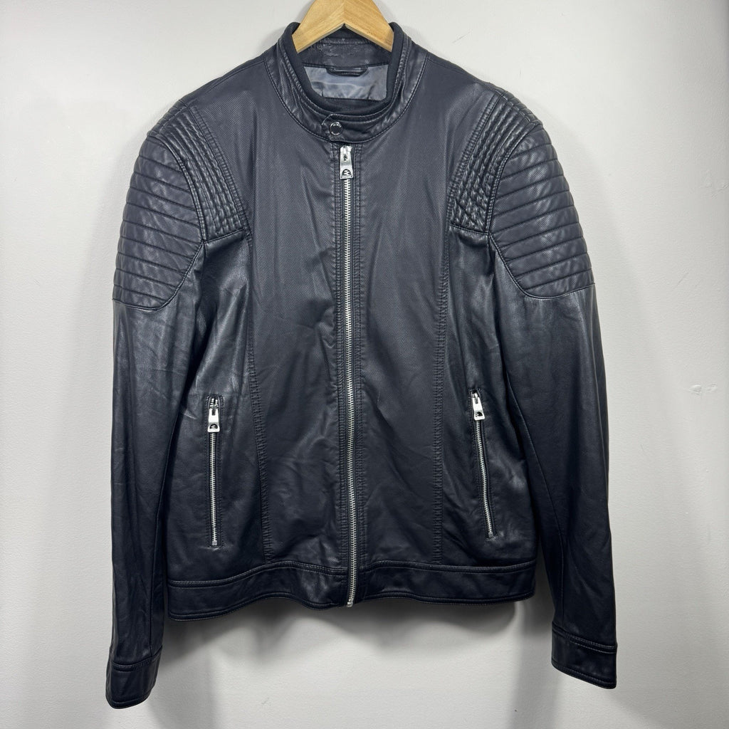 GUESS Mens Large Faux Leather Moto Cafe Racer Jacket Black Quilted Biker Zip