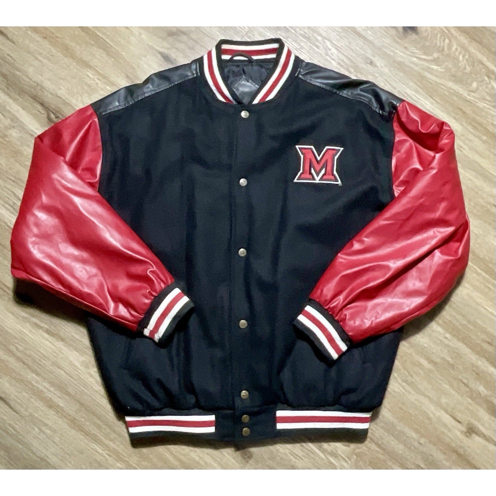 Miami RedHawks Steve & Barry’s Varsity Jacket Wool Faux Leather Large Red Black