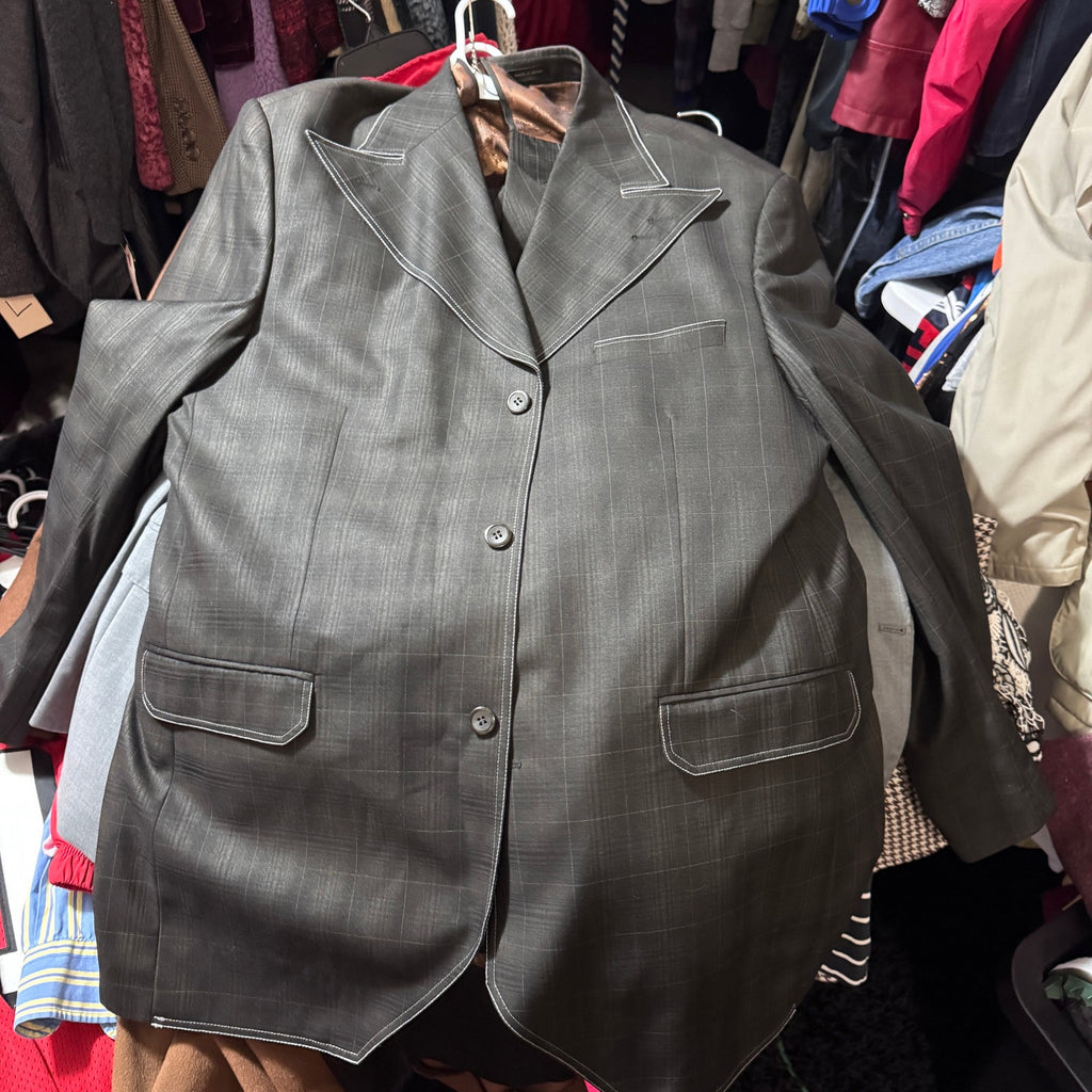 Pino Baldini 3 Pc Suit 48L 43W Charcoal Gray Windowpane Plaid Super 120s