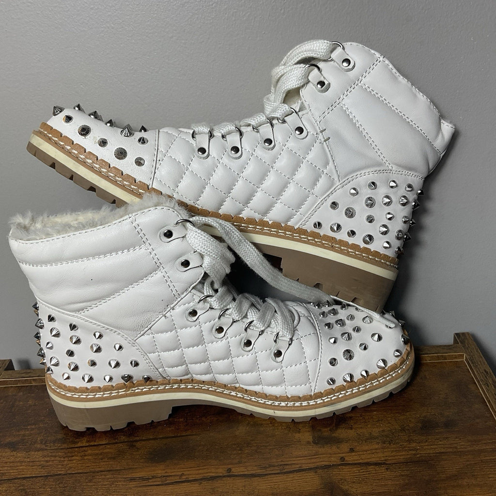 Women’s Sz 8.5 Sam Edelman Cold Weather Bren Studded Combat Boot White Punk
