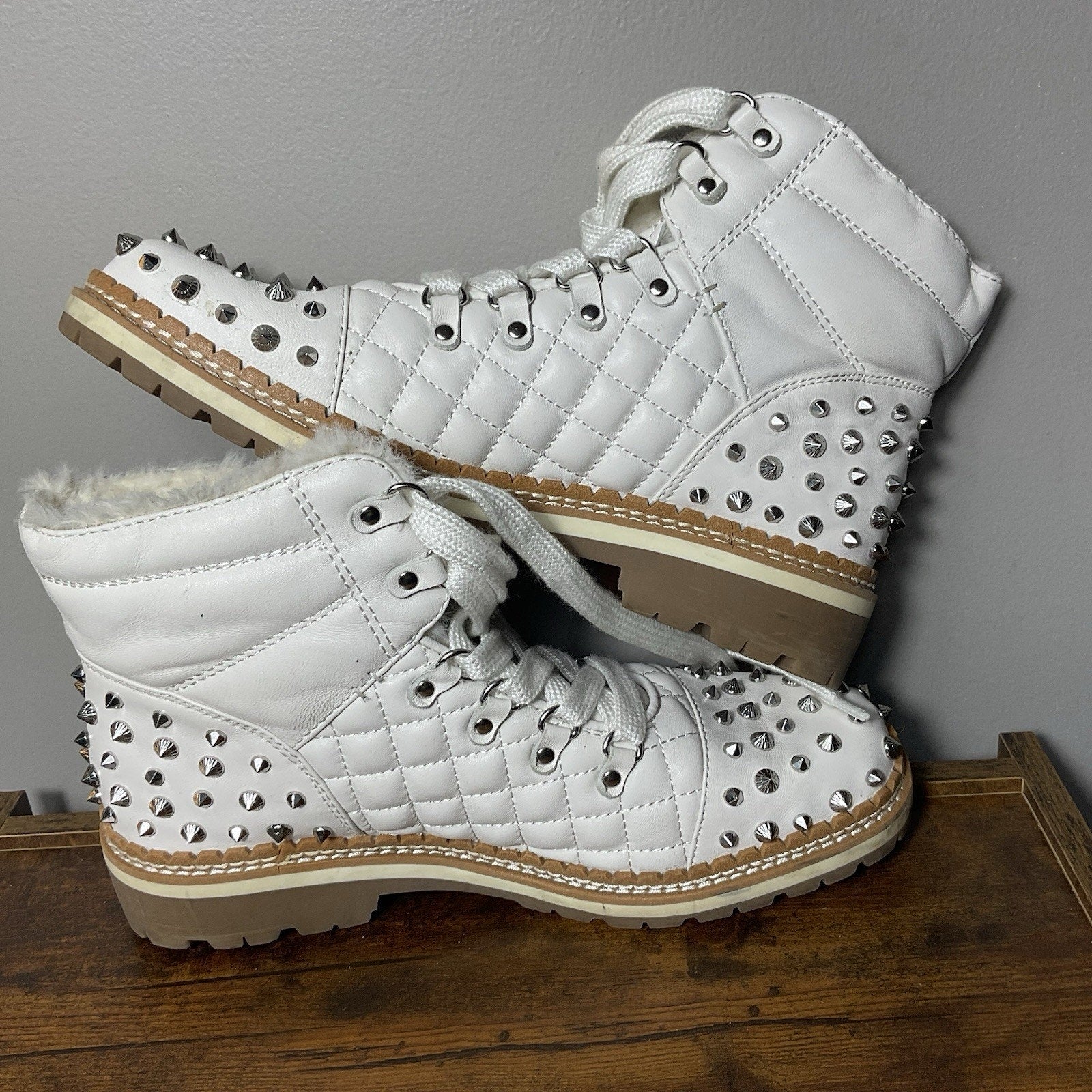 Women’s Sz 8.5 Sam Edelman Cold Weather Bren Studded Combat Boot White Punk