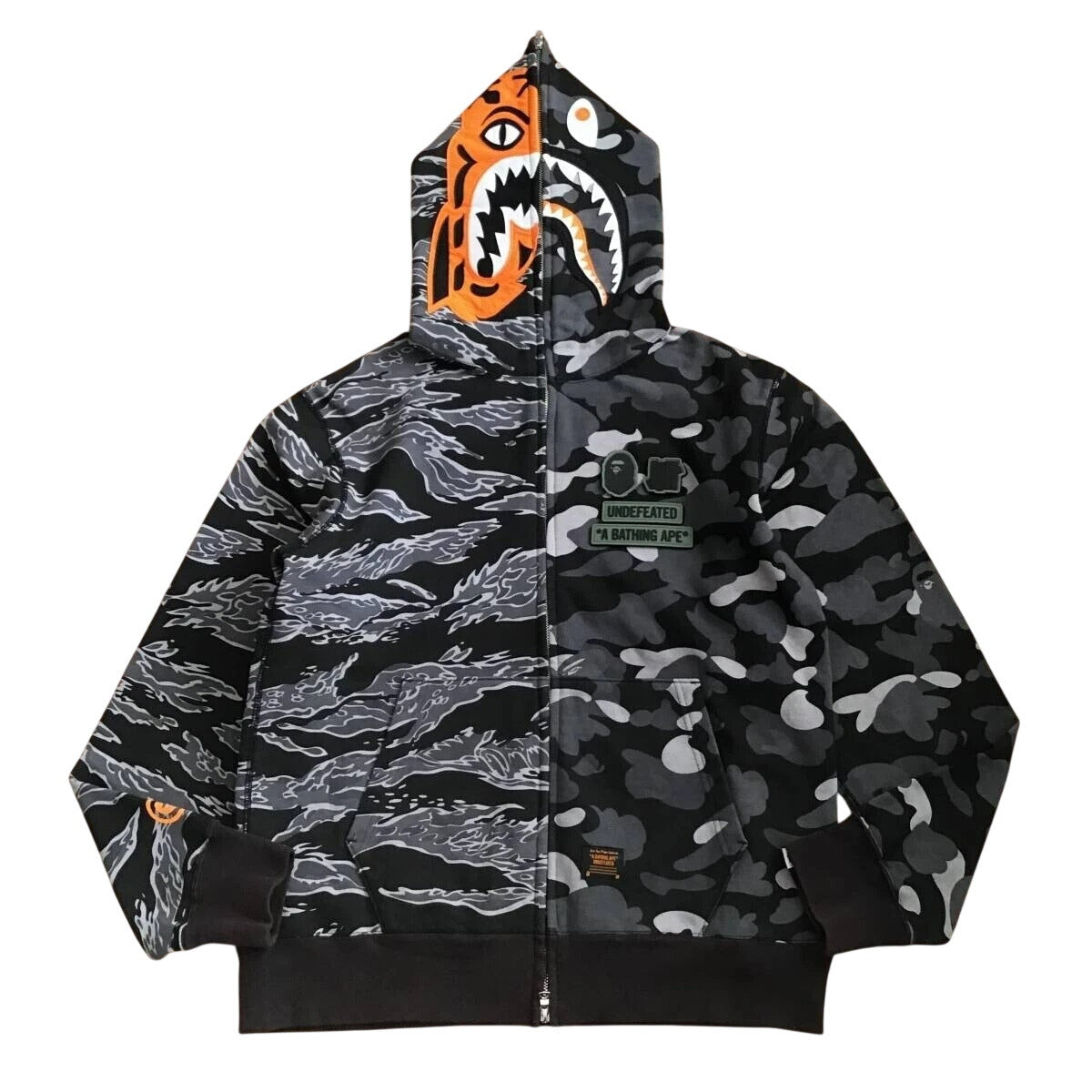 BAPE x Undefeated Tiger Shark Split Camo Full Zip Hoodie Japan XL L Rare HTF Y2K