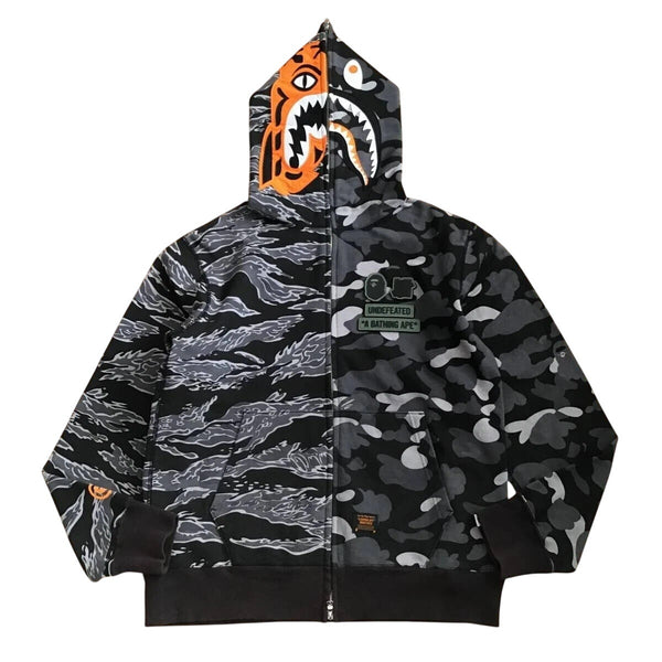 BAPE x Undefeated Tiger Shark Split Camo Full Zip Hoodie Japan XL L Rare HTF Y2K