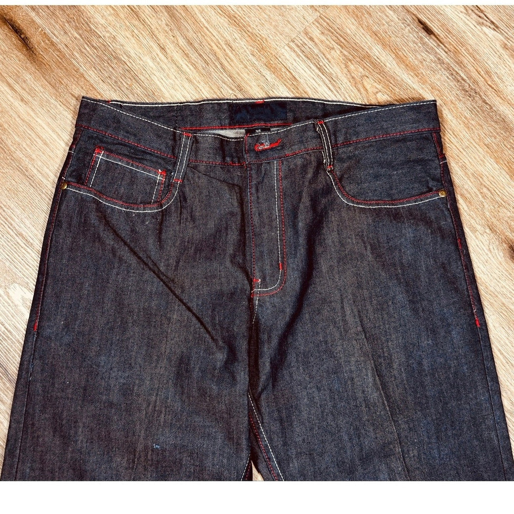 Q by Qruel Y2K Dark Wash Designer Jeans Contrast Stitch Straight Leg Men’s 36x33