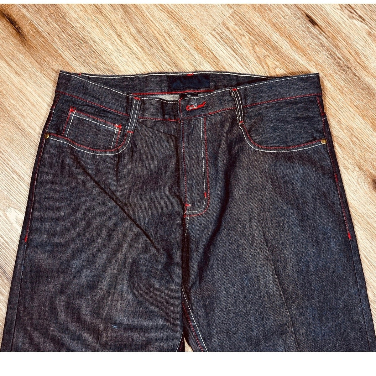 Q by Qruel Y2K Dark Wash Designer Jeans Contrast Stitch Straight Leg Men’s 36x33