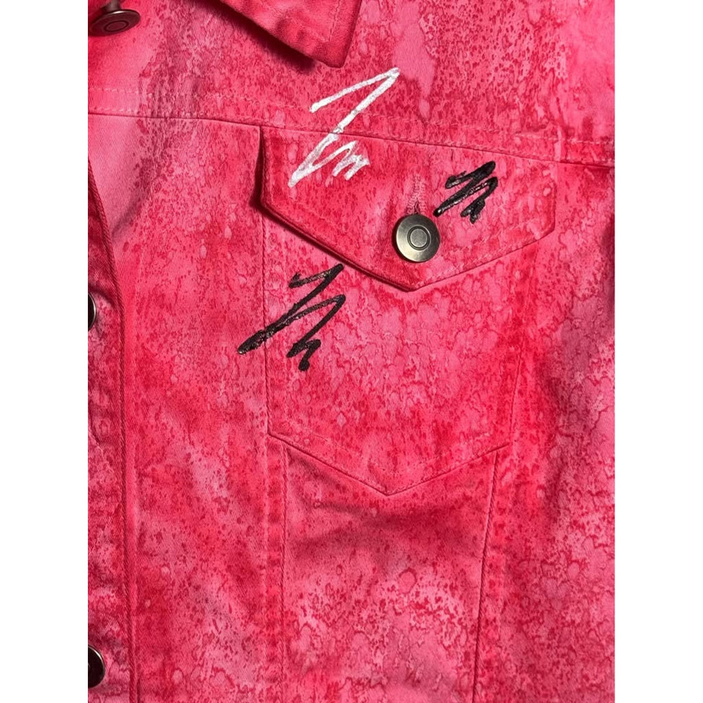 H&J Pink Acid Wash Denim Jacket XL Graphic Paint Detail Button Front