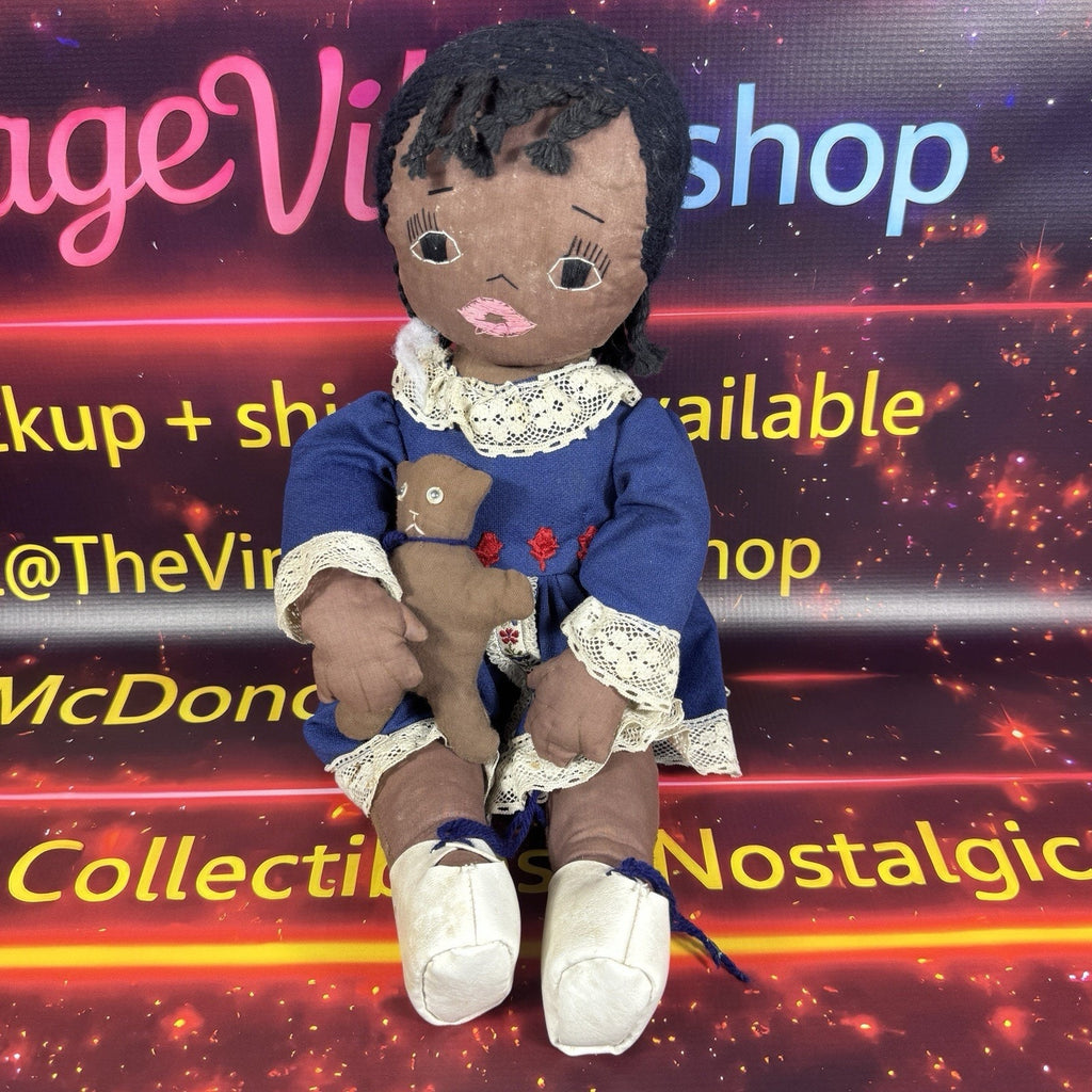 Vintage Handmade African American Cloth Rag Doll Blue Lace Dress Cat 1970s 80s