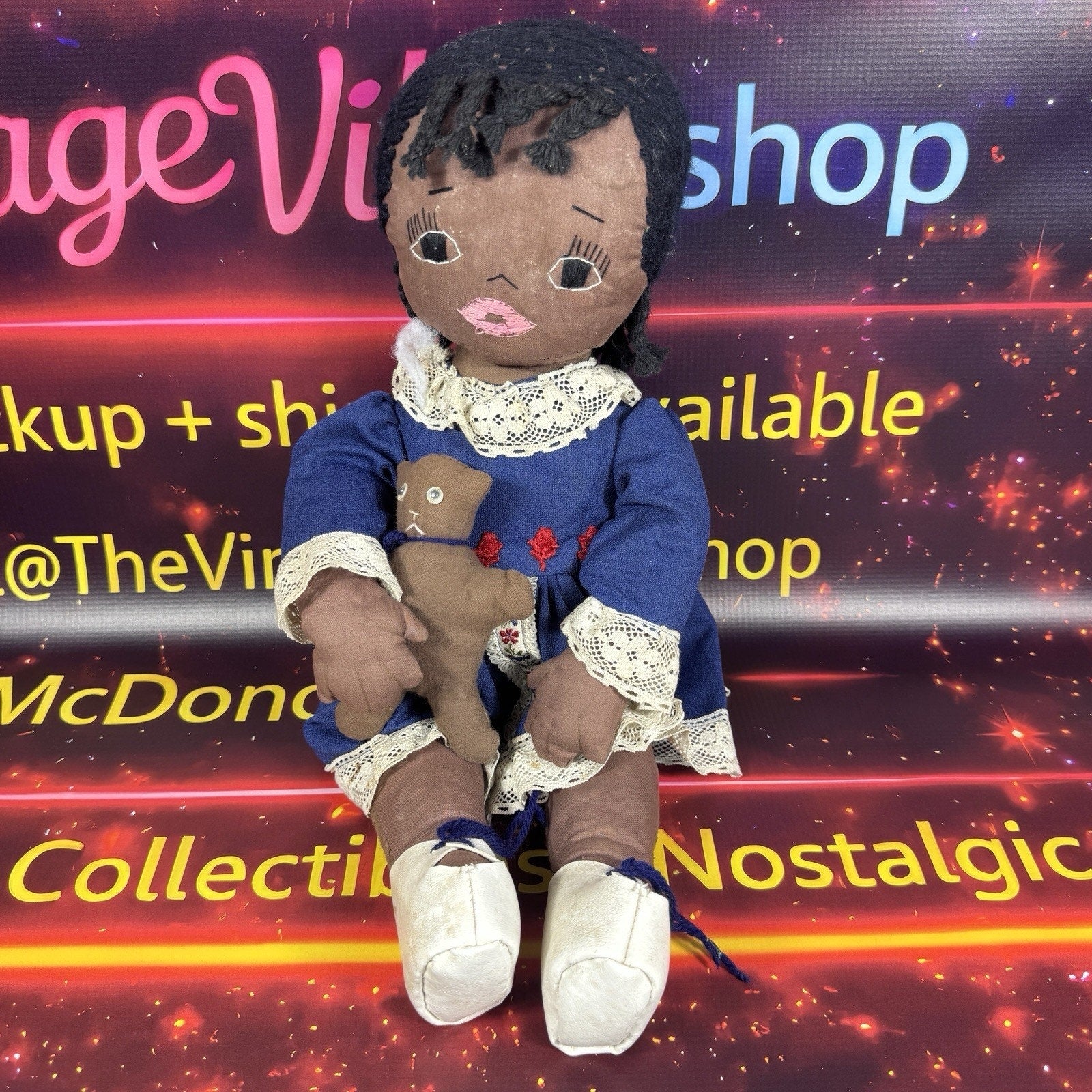 Vintage Handmade African American Cloth Rag Doll Blue Lace Dress Cat 1970s 80s