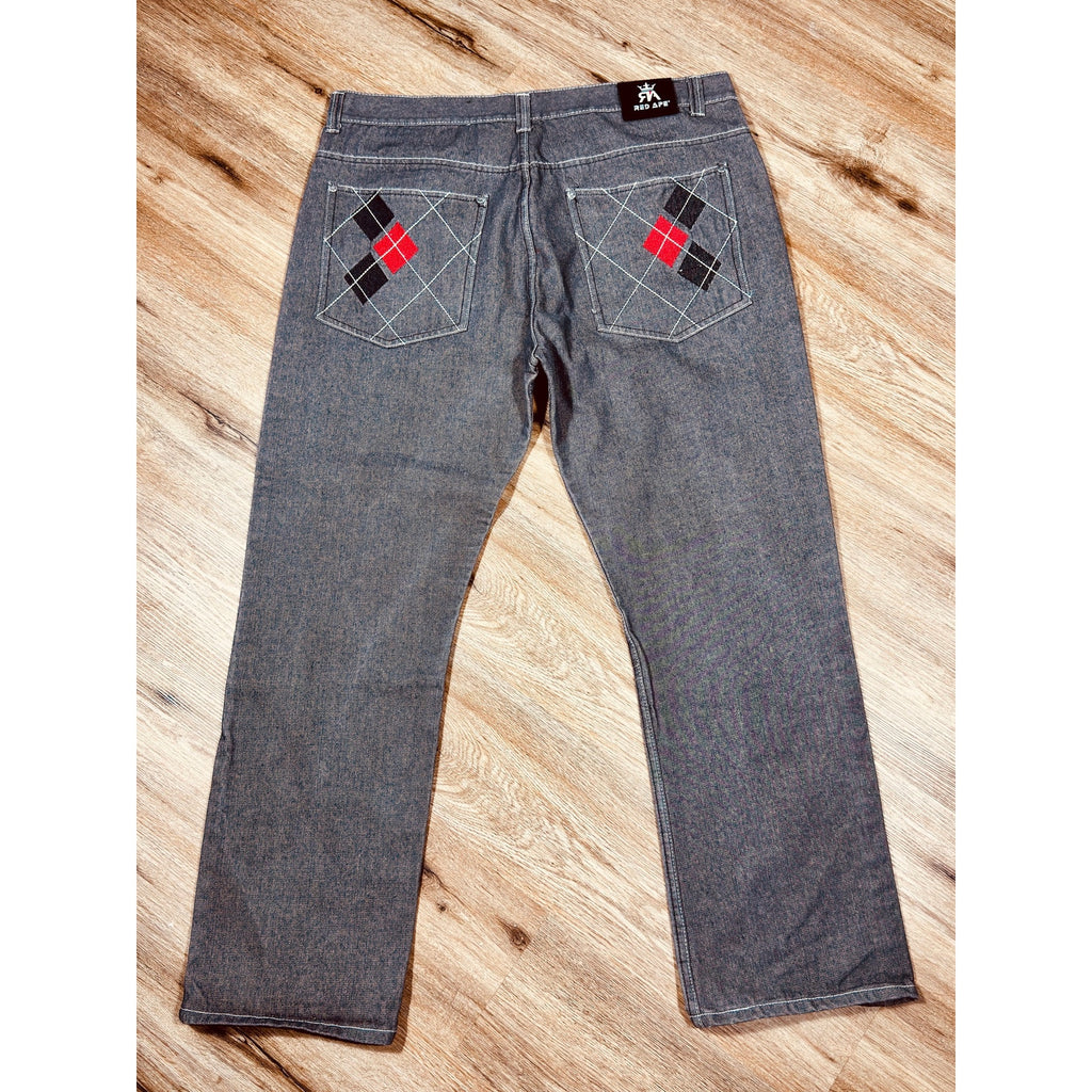 Red Ape Y2K Gray Baggy Jeans Argyle Pocket Embroidered Denim 44x33 Rare Streetwear