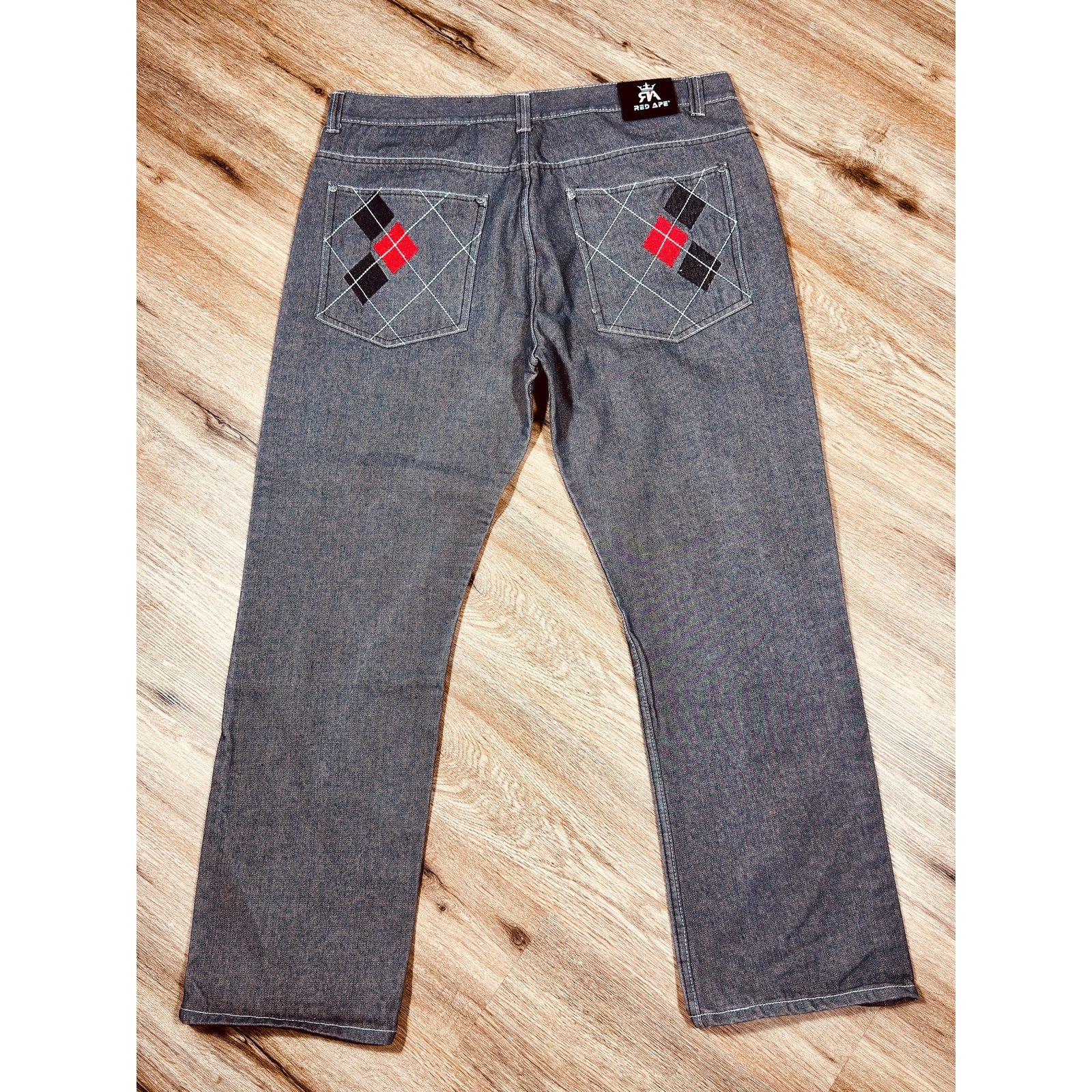 Red Ape Y2K Gray Baggy Jeans Argyle Pocket Embroidered Denim 44x33 Rare Streetwear