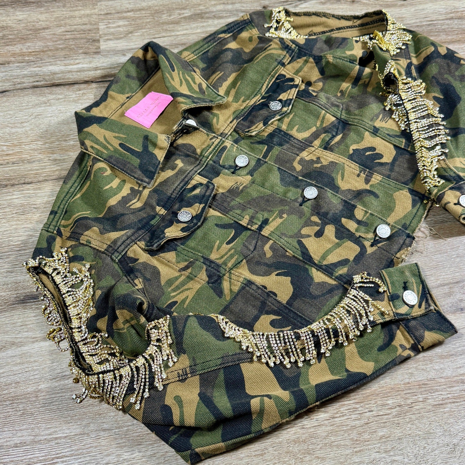 Azalea Wang Camo Rhinestone Fringe Cold Shoulder Cropped Trucker Jacket Small S