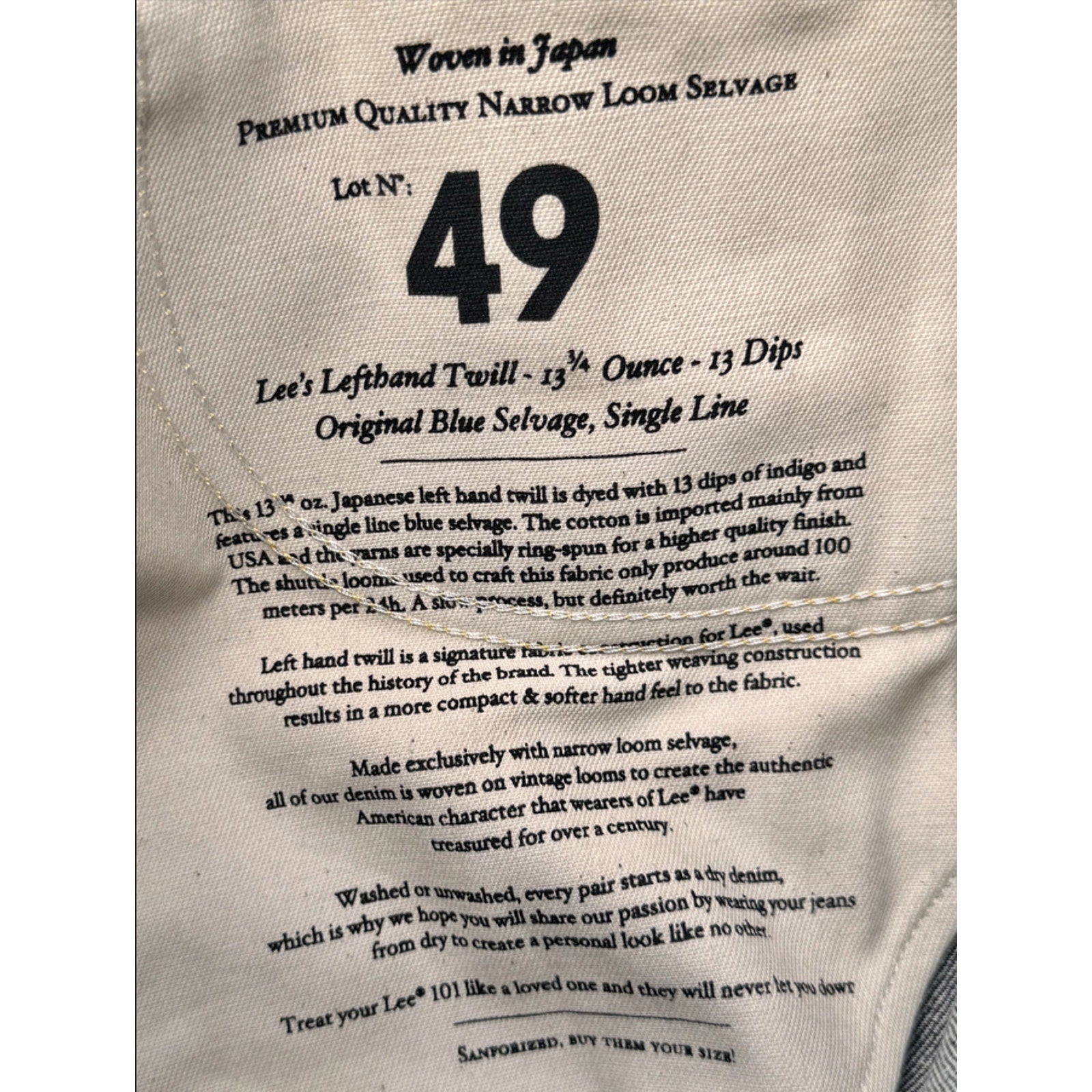 Lee 101Z Japanese Selvedge Denim Jeans Dry Indigo Made Italy 34x32 NWT