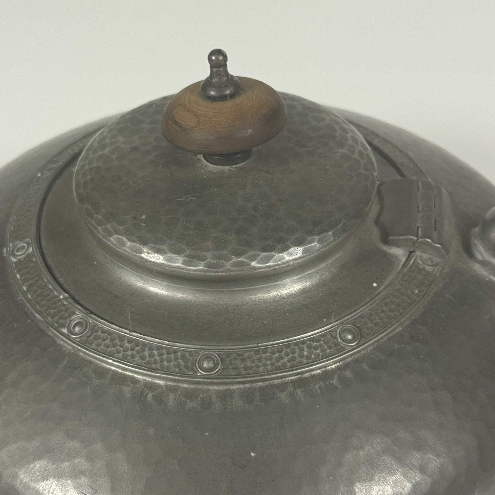 1900s Antique Alex Clark English Pewter Wood No 28 Hand Hammered Teapot London