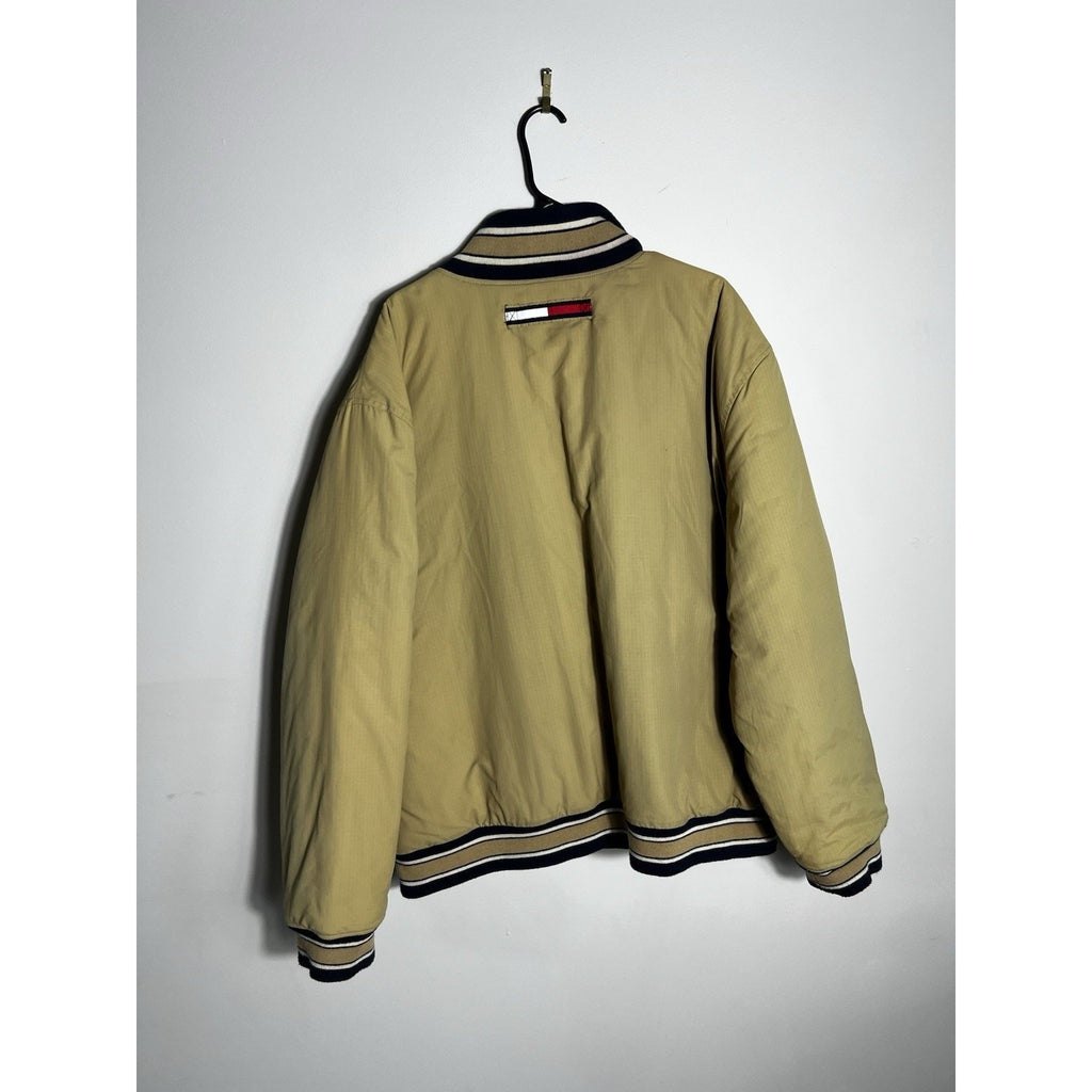 VTG 90s Tommy Hilfiger Reversible Bomber Jacket Tan Green L/XL Puffer Coat Y2K