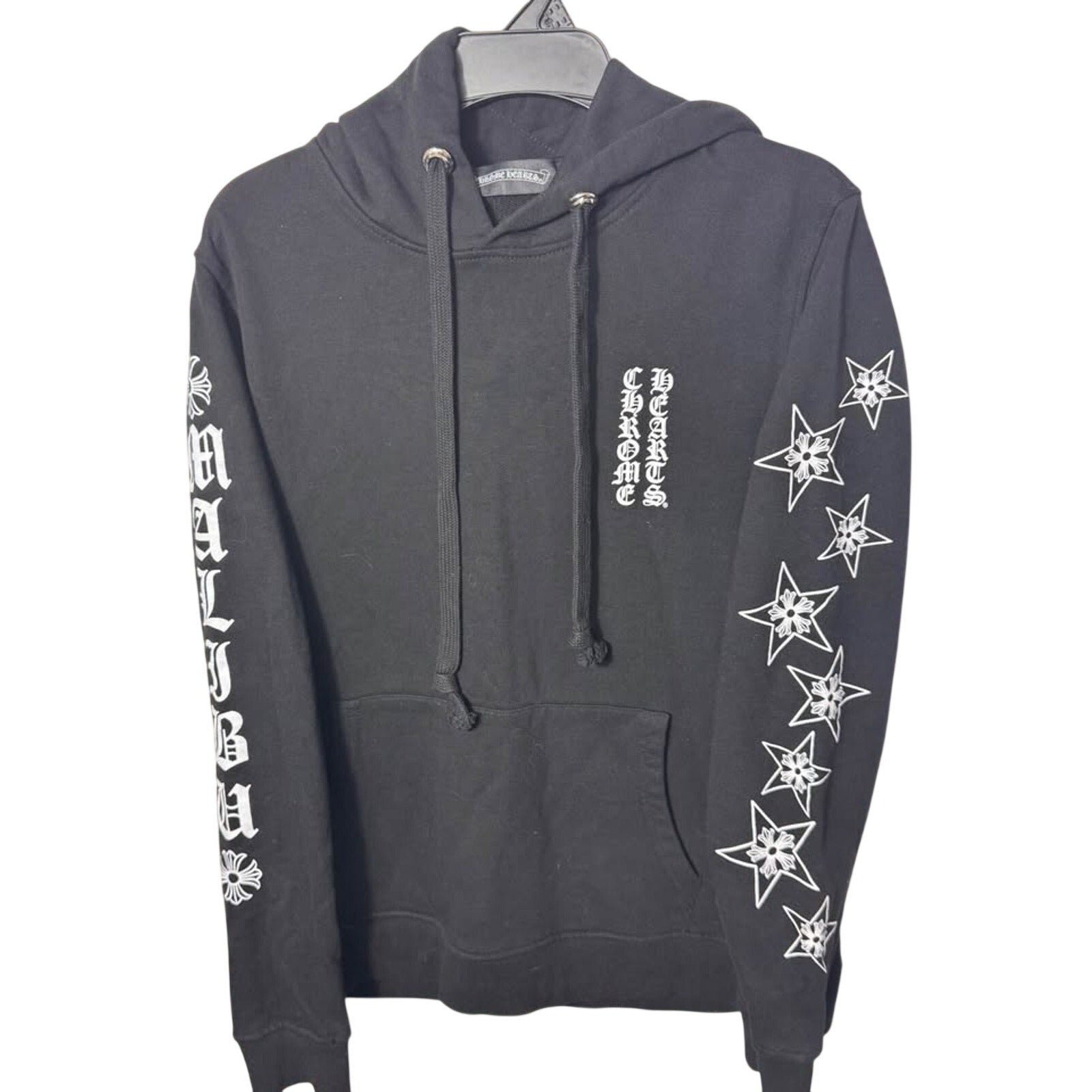 Black Chrome Gothic Cross Graphic Hoodie Sz L Streetwear Hearts Pullover