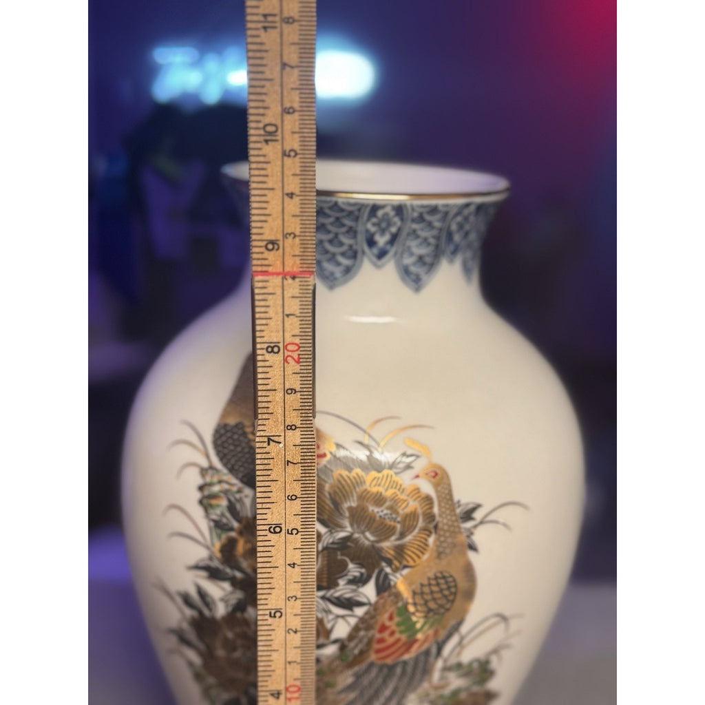 Japanese Satsuma Style Vase Pheasant Peony Gold Trim Blue Rim 9.5 in