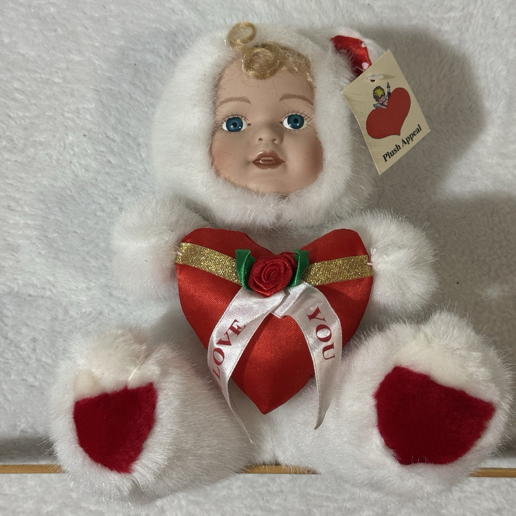 Plush Appeal Valentine Angel Bear Plush Doll White Faux Fur Red Heart Blue Eyes