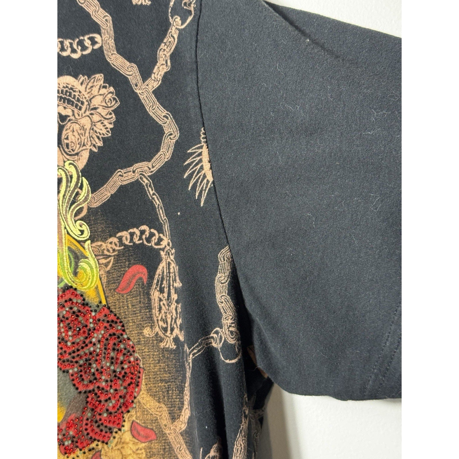 Vtg Christian Audigier Skulls Roses Tee XL Rhinestone Tattoo All Over Print
