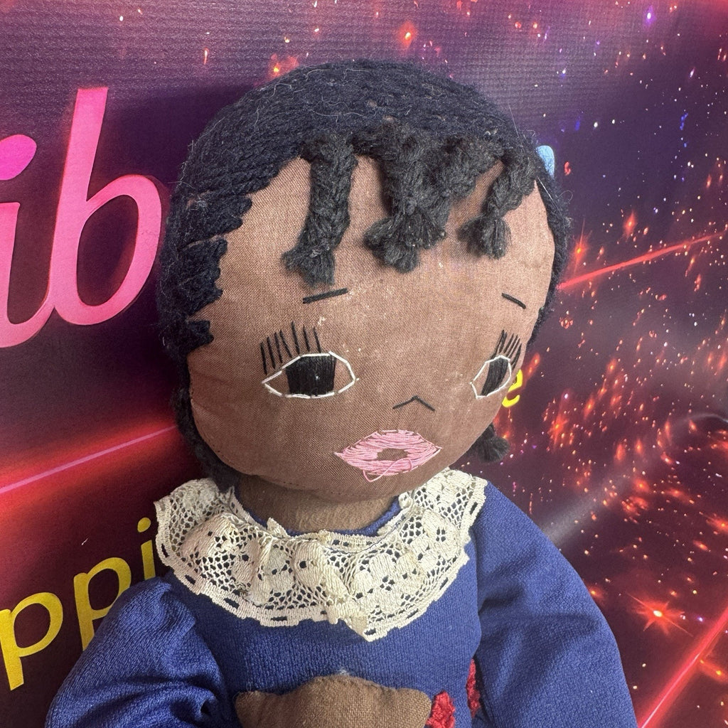 Vintage Handmade African American Cloth Rag Doll Blue Lace Dress Cat 1970s 80s