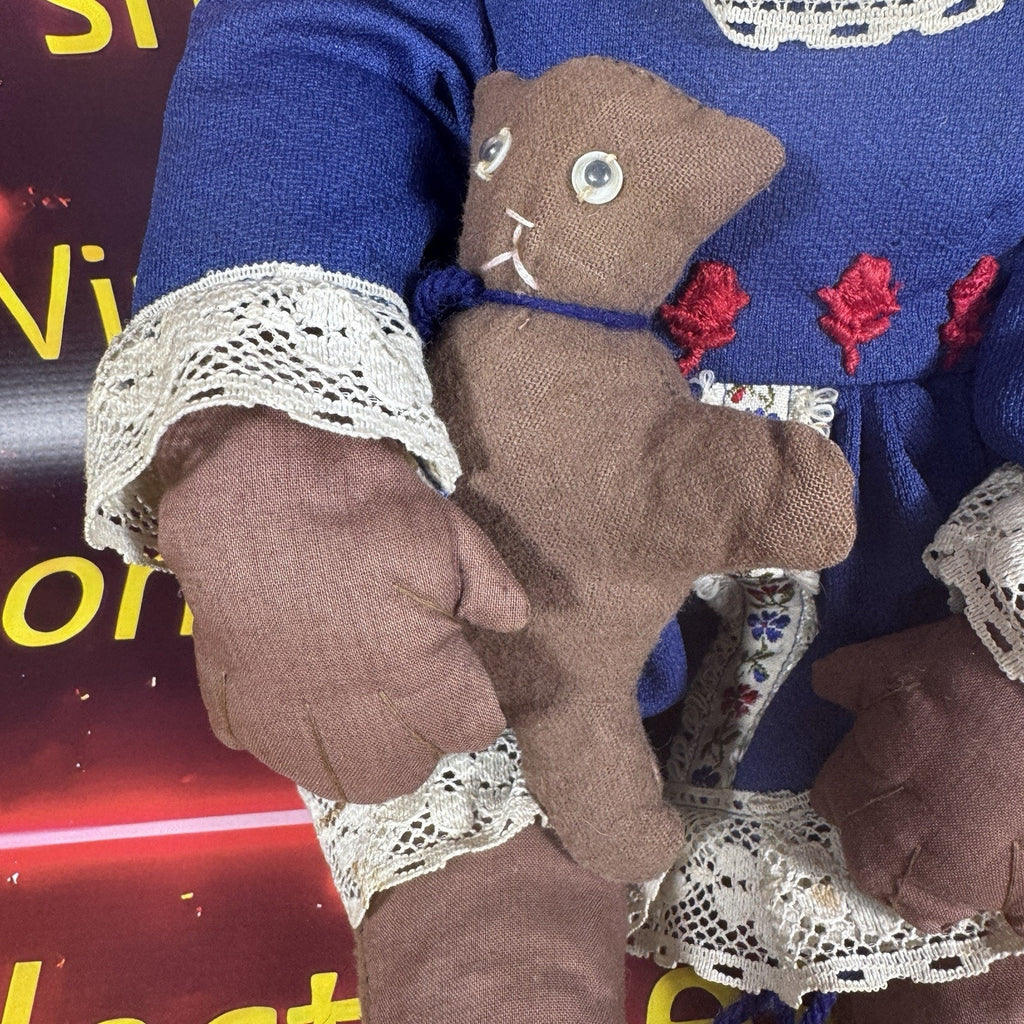 Vintage Handmade African American Cloth Rag Doll Blue Lace Dress Cat 1970s 80s